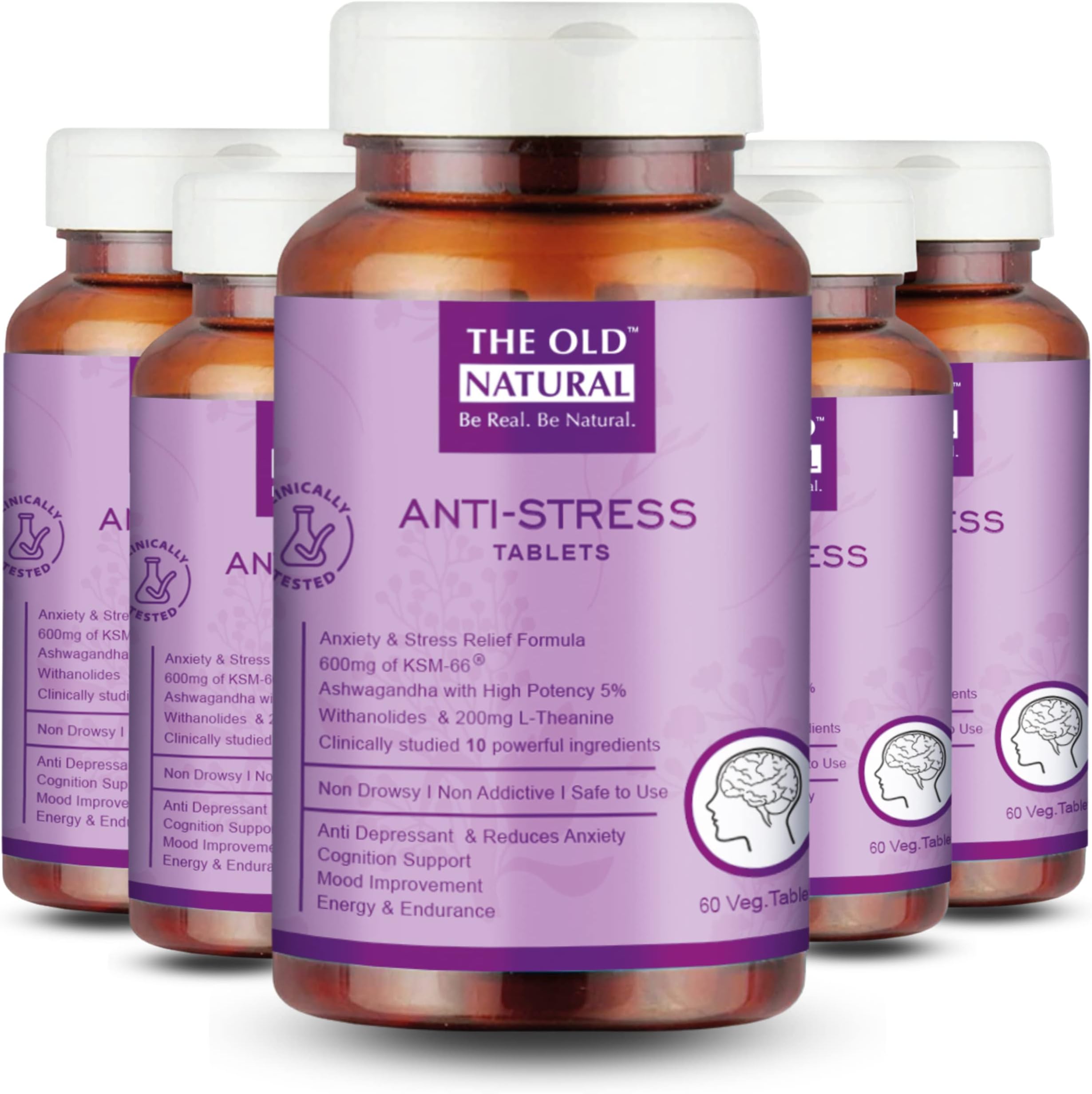 The Old Natural Anti Stress Tablets - Ashwagandha Ksm 66 Extract, L-Theanine, Brahmi, Chamomile Combination (Pack of 5 Bottles)