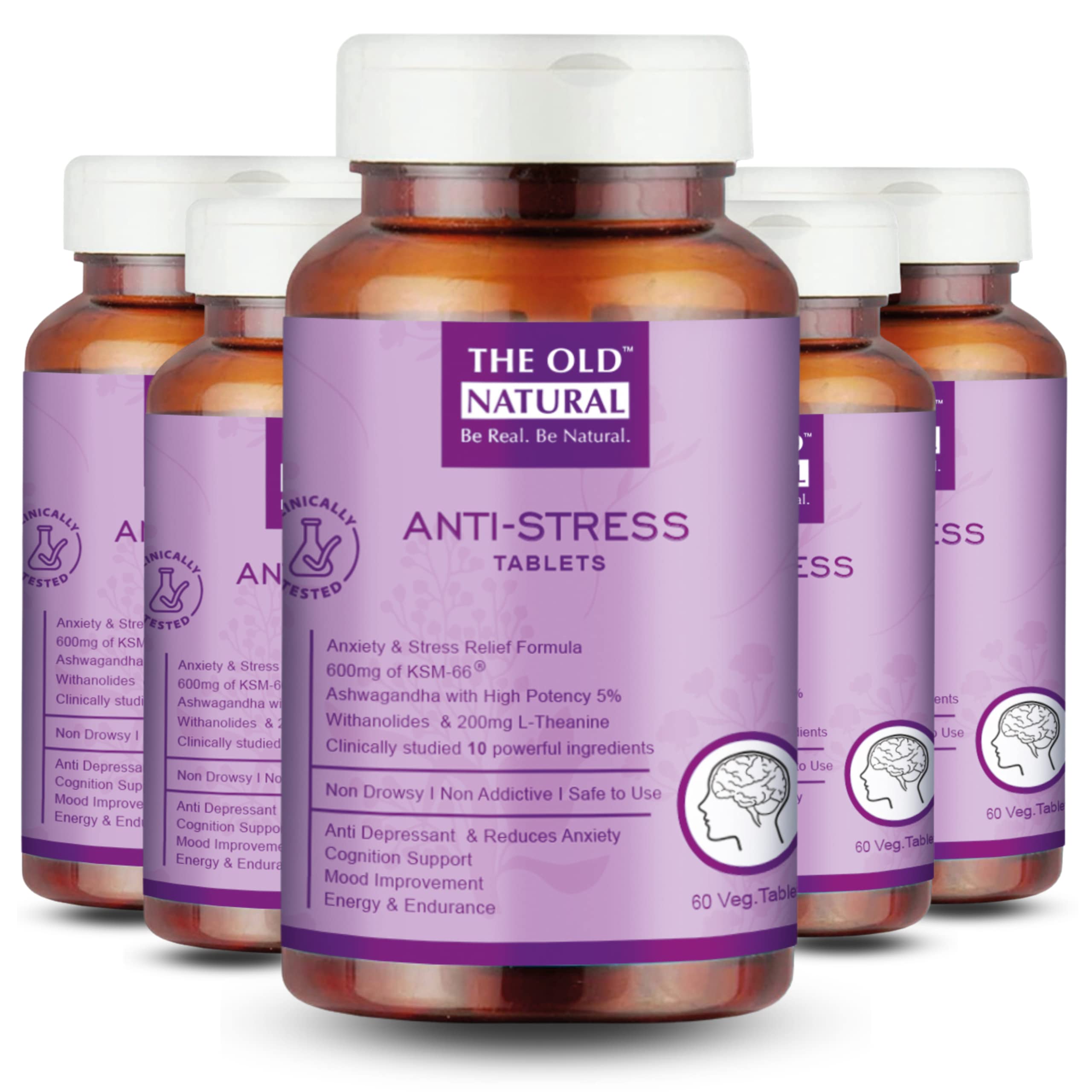 The Old Natural Anti Stress Tablets - Ashwagandha Ksm 66 Extract, L-Theanine, Brahmi, Chamomile Combination (Pack of 5 Bottles)