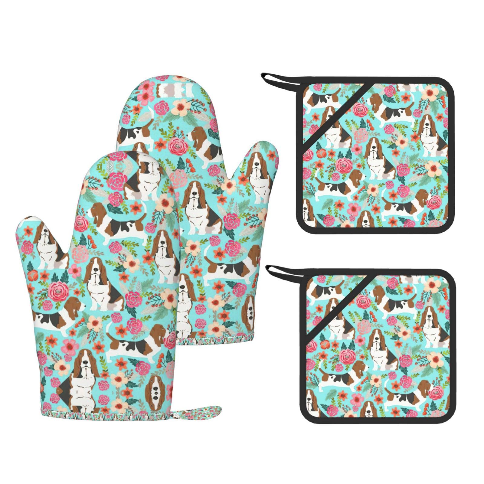 Sweet Basset Hound Florals Printed Oven Mitts with Pocket and Hot Pads, Silicone Non-Slip Kitchen Gloves for Baking BBQ