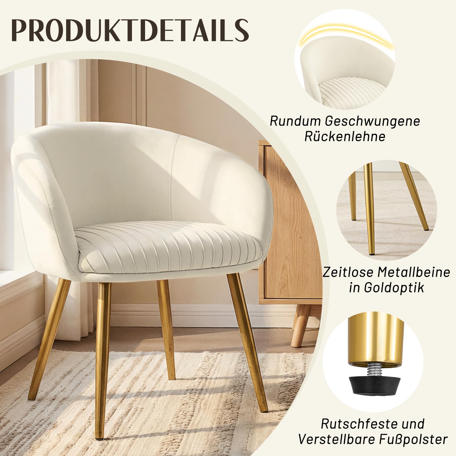 Hellove Schminktisch Stuhl aus Samt, Schminkstuhl Modern Polsterstuhl mit Metallbeinen, Relaxsessel, Vanity Sessel, Elegant Loungesessel, Armlehnstuhl für Schlafzimmer & Wohnzimmer, Beige