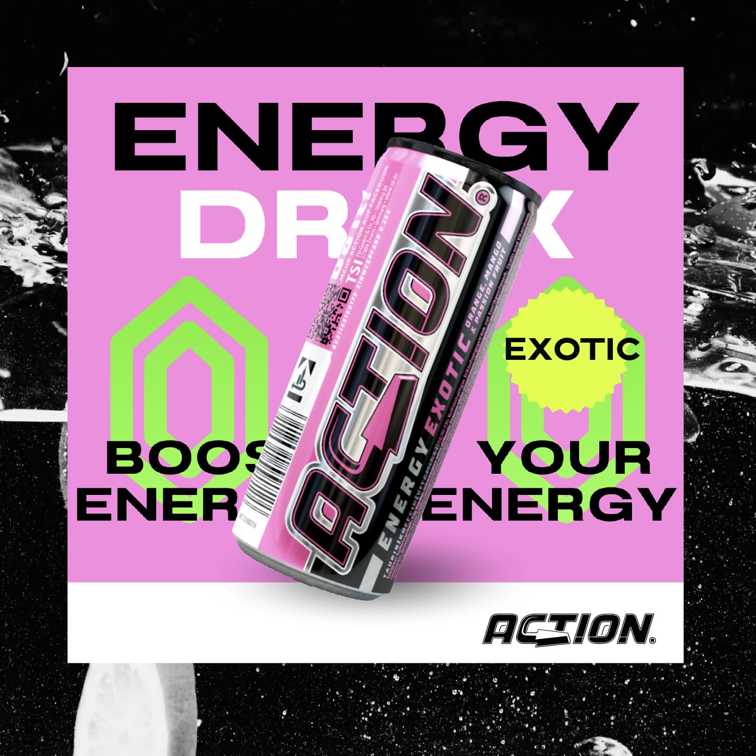 Action Energy Drink Exotic (48 x 250 ml) incluye depósito – Refresco con naranja, mango y sabor a fruta de la pasión – patata energética con mayor contenido de cafeína 32 mg/100 ml de cafeína enfoque