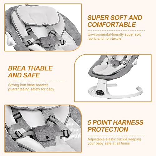Miniatura 7 de Columpio de bebé para recién nacido a niño, columpio portátil de 5 velocidades con control táctil inteligente, control remoto, 10 canciones de cuna,