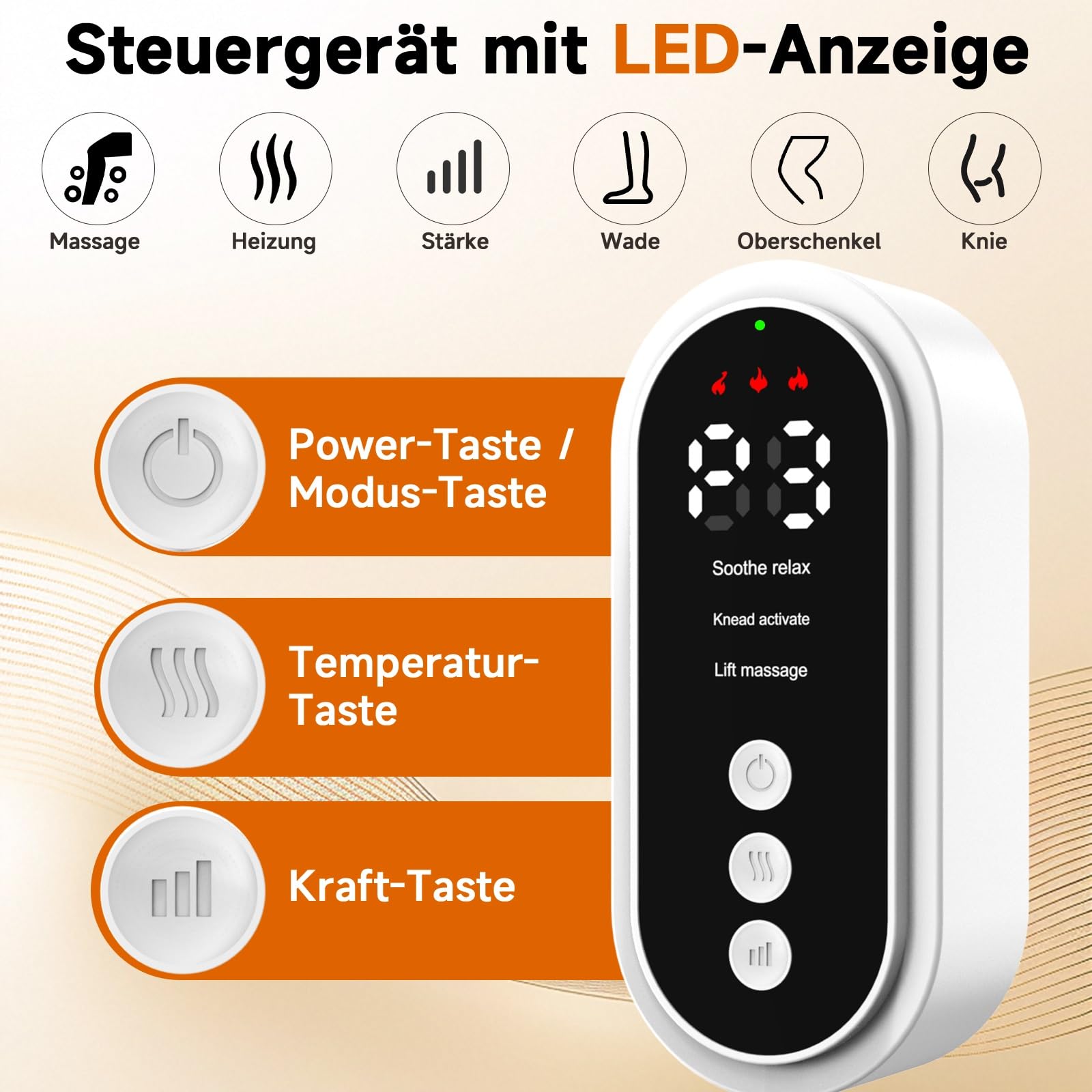 Kabelloses Beinmassagegerät, Luftkompression 3 Stufen, Wärme & Airbags | 3 Stufen Druckmassage mit Wärme, 15-Min-Timer. Für Wade, Oberschenkel und Knie