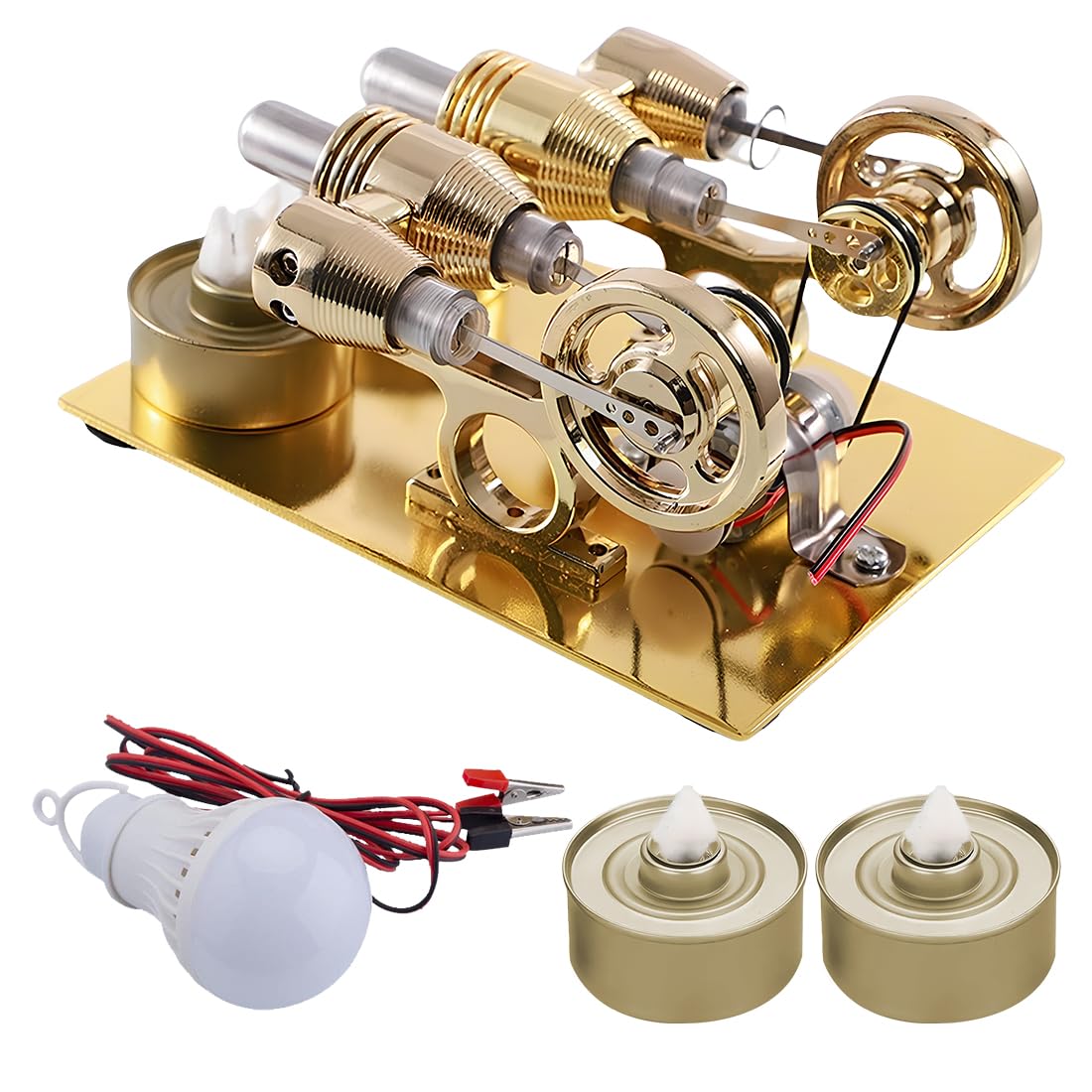 ENGINEKITOR Stirling 2 - Cylinder Engine Model - Metal Hot Cylinder Science Physics Experiment Kit with LED Lights