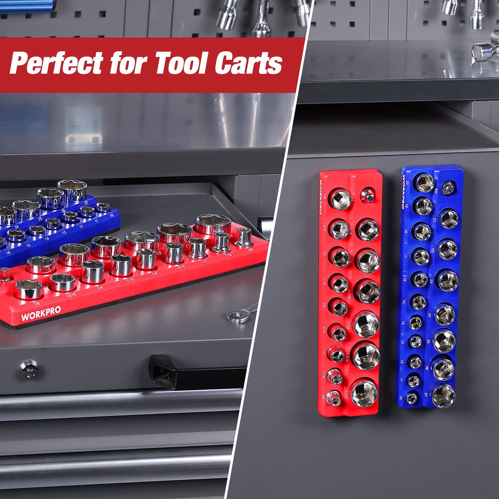 WORKPRO Set di organizer magnetici per prese magnetiche da 1/2", 2 pezzi, SAE e metriche, contiene 35 prese standard per cassetta degli attrezzi, carrelli degli attrezzi (bussole non incluse)