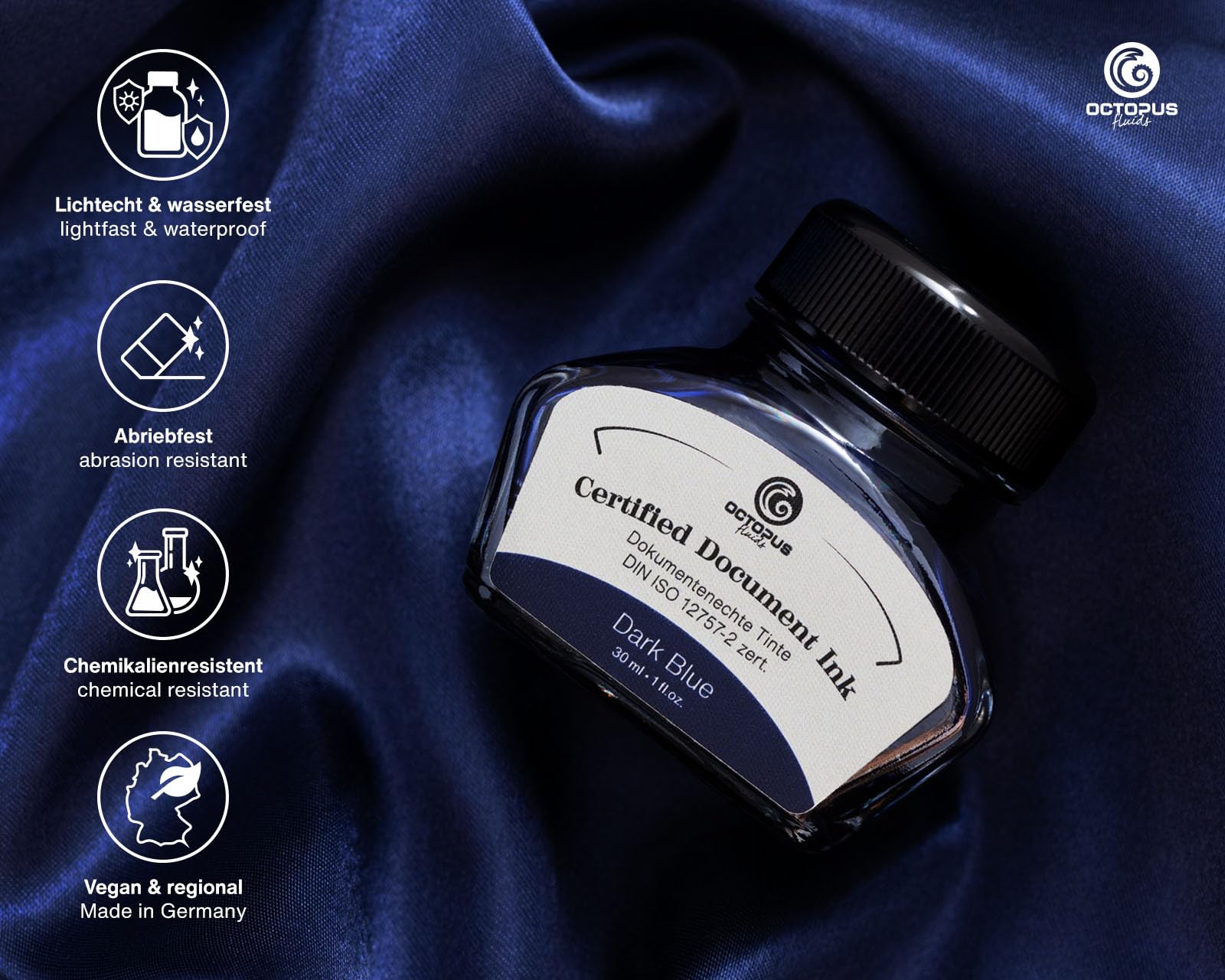 Inchiostro per documenti Dark Blue, convertitore, cert. DIN ISO 12757-2, 30ml | Inchiostro indelebile con convertitore di inchiostro, per riempire penne stilografiche con sistema di cartucce e convertitore