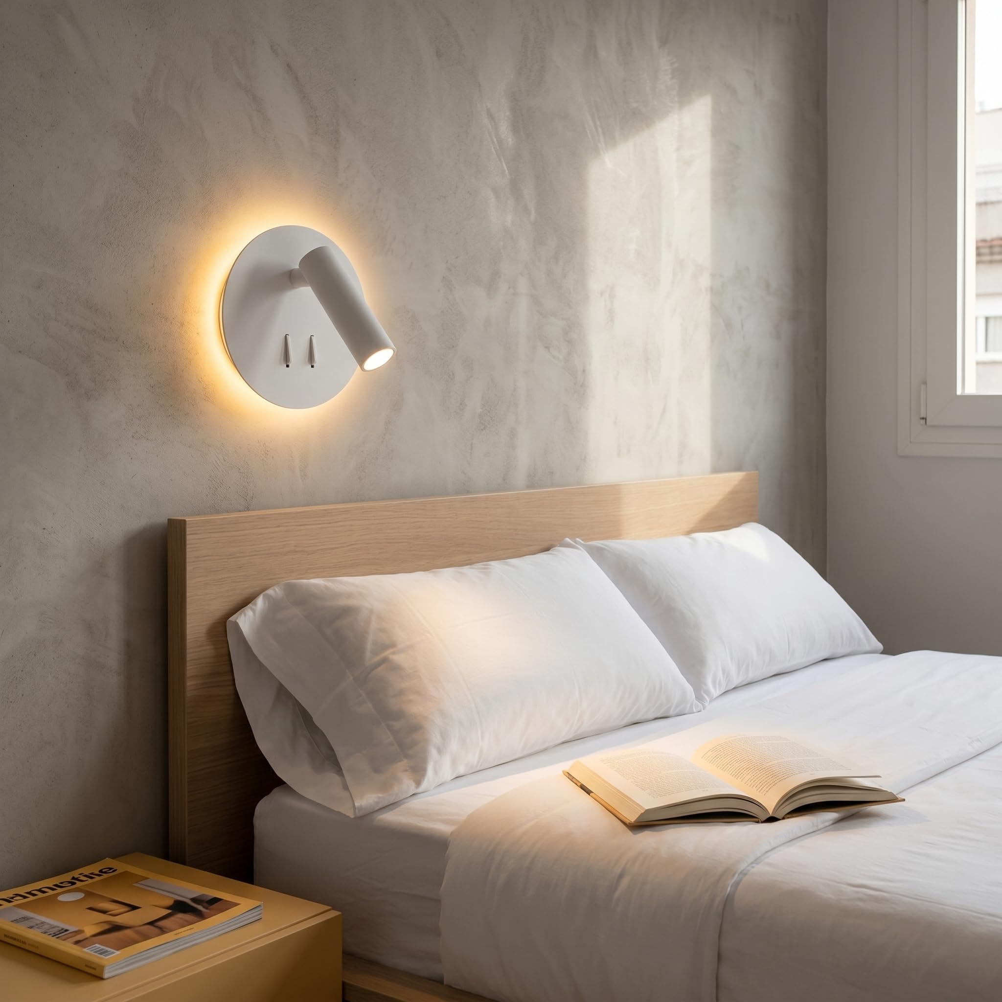 BARCELONA LED Applique Murale LED QUART pour Lecture 3W+6W, Lampe Tête de Lit avec Spot Orientable et Éclairage Ambiant Indirect, 3000K Blanc Chaud, Interrupteurs Indépendants, Chambre Hôtel