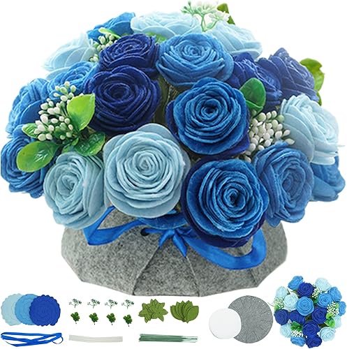 BAZIMA - Kit de manualidades de flores de fieltro, kit de bonsái de maceta de rosas azules, regalos florales, kit de manualidades para