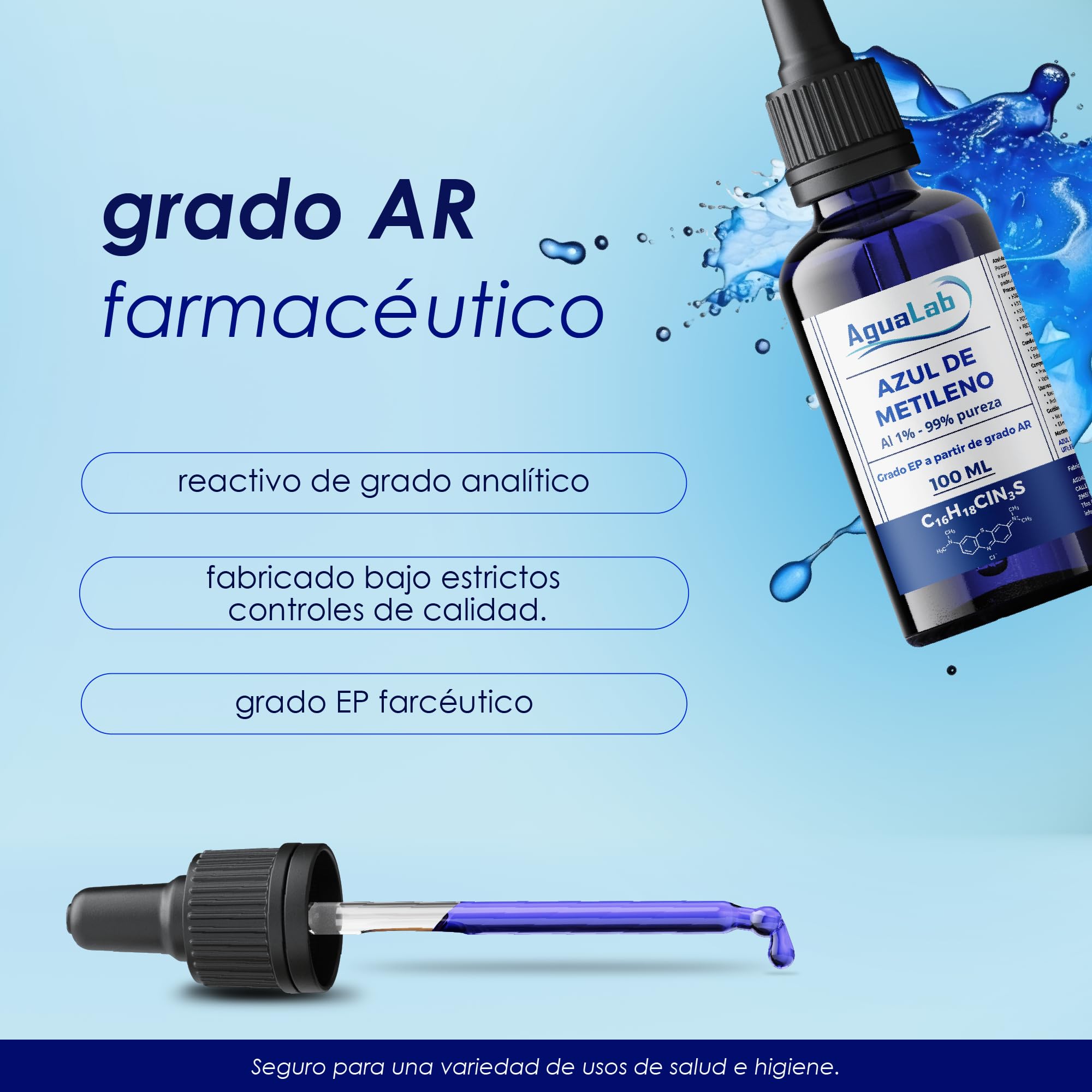 Blu di Metilene 1% Soluzione Grado EP 100 ml Alta Purezza 99% Flacone di Vetro Ambra con Dosatore