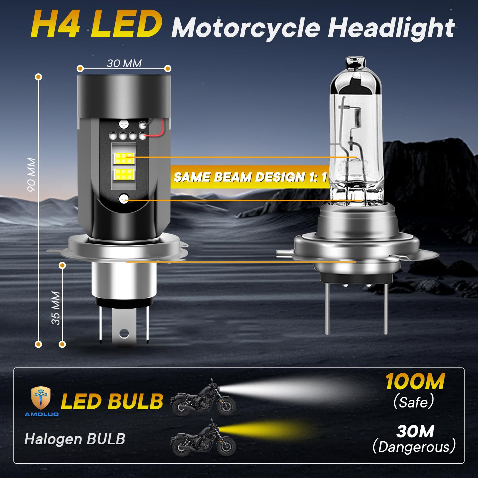 AMOLUO H4 LED Lampadina Per Fari Moto,Occhi Angelo Intercambiabili a 5 Colori,HS1 LED Con Modalità Costante Luci di Marcia Diurna,30W 6000K DC12-36V, 1 Lampade