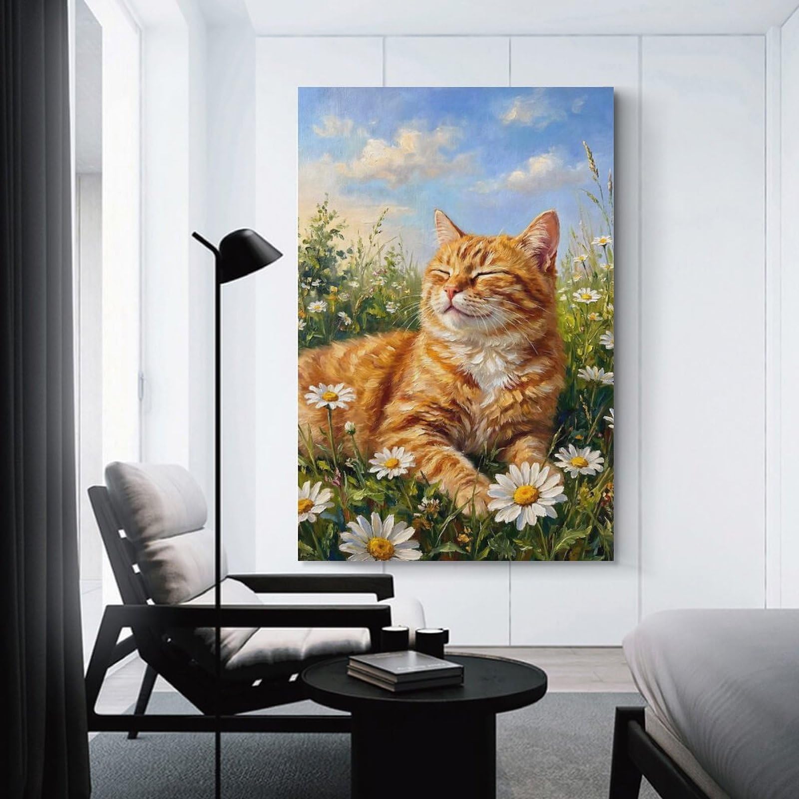 Junmoney Unframe-Style-11-1 Orange Cat In A Field Flower Canvas Wall Decor 24X36inch(60X90cm), For Study, Office Or Focused Interiors, Wall Art That Adds Style To Work Areas