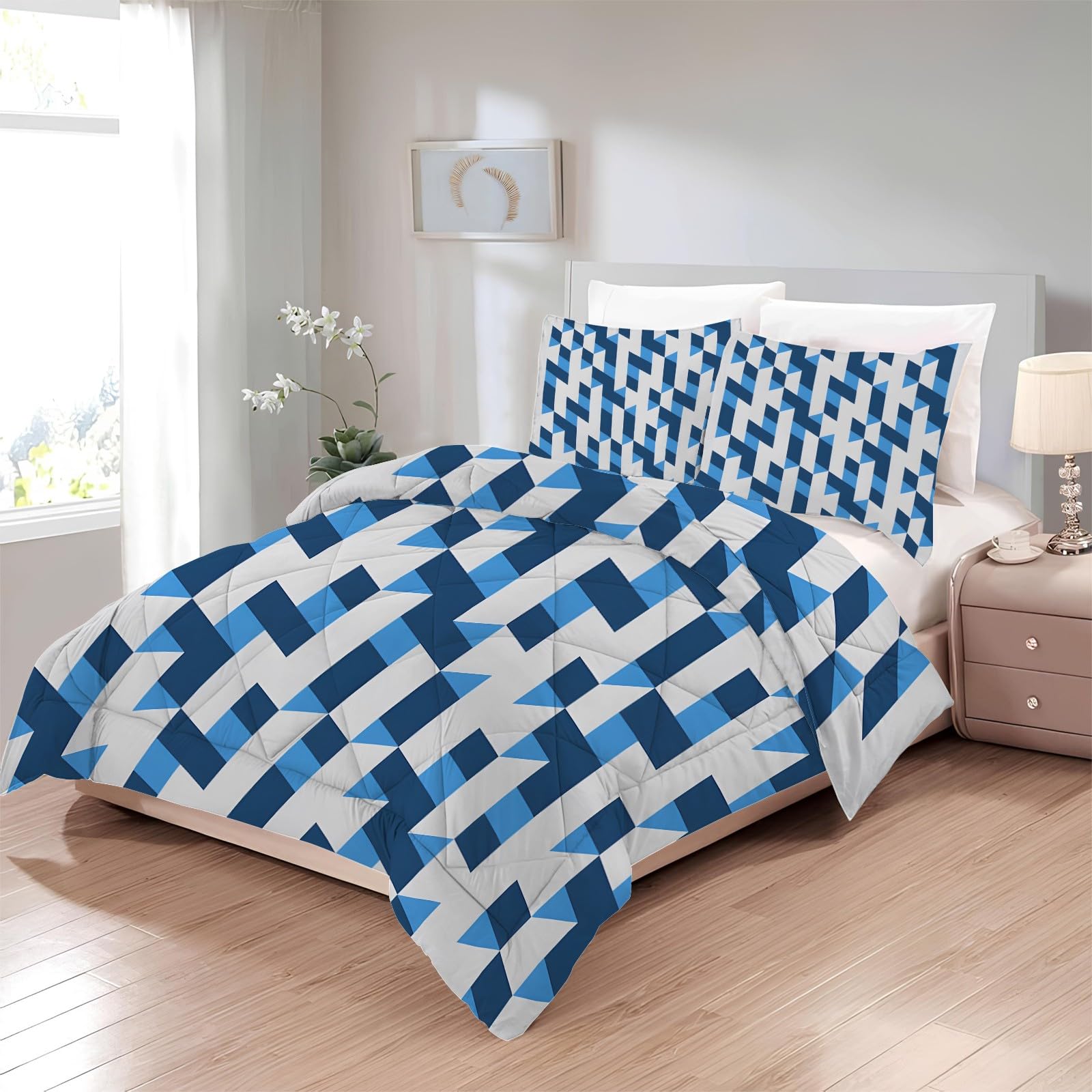 Edredon Nordico Cama 90 Geometría, Relleno Nordico 135x200 de Microfibra, Edredón 4 Estaciones Reversible Estilo Moderno, Edredones Estampados Patchwork con 2 Fundas de Almohada 50x75 cm U-540