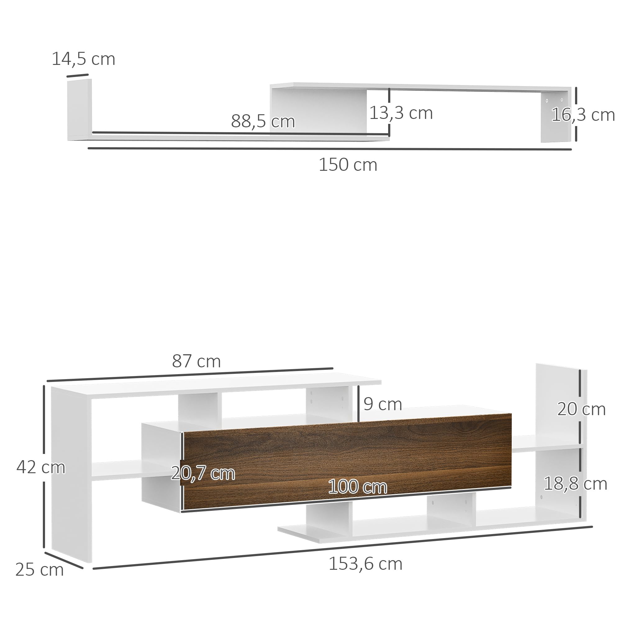 HOMCOM Ensemble Meuble TV avec Banc et étagère Murale Style Contemporain 153,6L cm - Blanc et Marron
