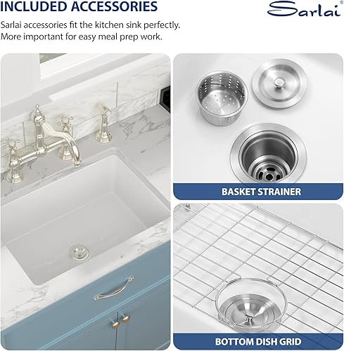 Miniatura 6 de Sarlai Fregadero blanco de 27 pulgadas de arcilla refractaria de 27 x 19 pulgadas, fregadero de cocina blanco de doble caída y montaje inferior,