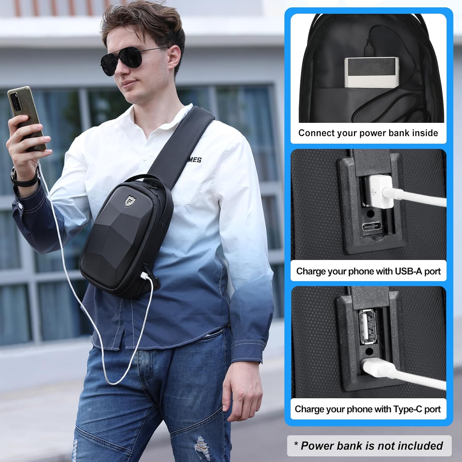 FENRUIEN Hard Shell Sling Bag for Men, Water Resistant Crossbody Backpack with USB Port, Black Chest Bag for Travel/Daily - Image 6