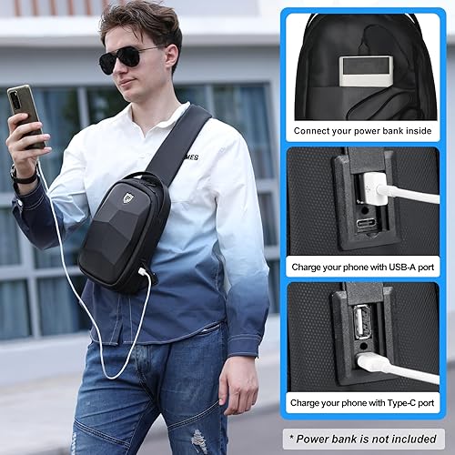 Miniatura 6 de FENRUIEN Bolsa rígida para hombre, mochila cruzada resistente al agua con puerto USB, bolsa de pecho negra para viajesuso diario, Negro -, Mochilas