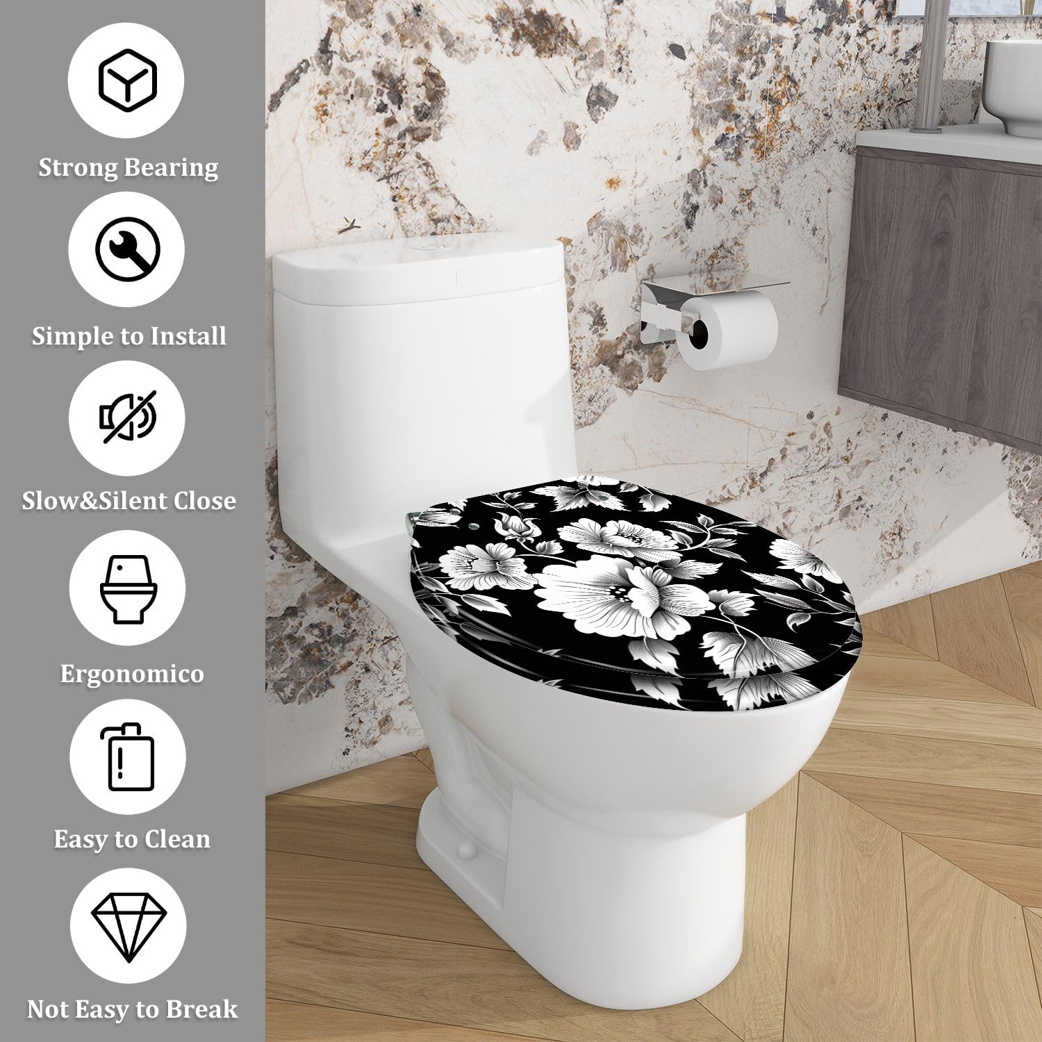 Elongated Toilet Seat black white flowers Resin Toilet Seat Quietly Close Quick Release Hinges Decorative Toilet Seat with Cover Easy to Install