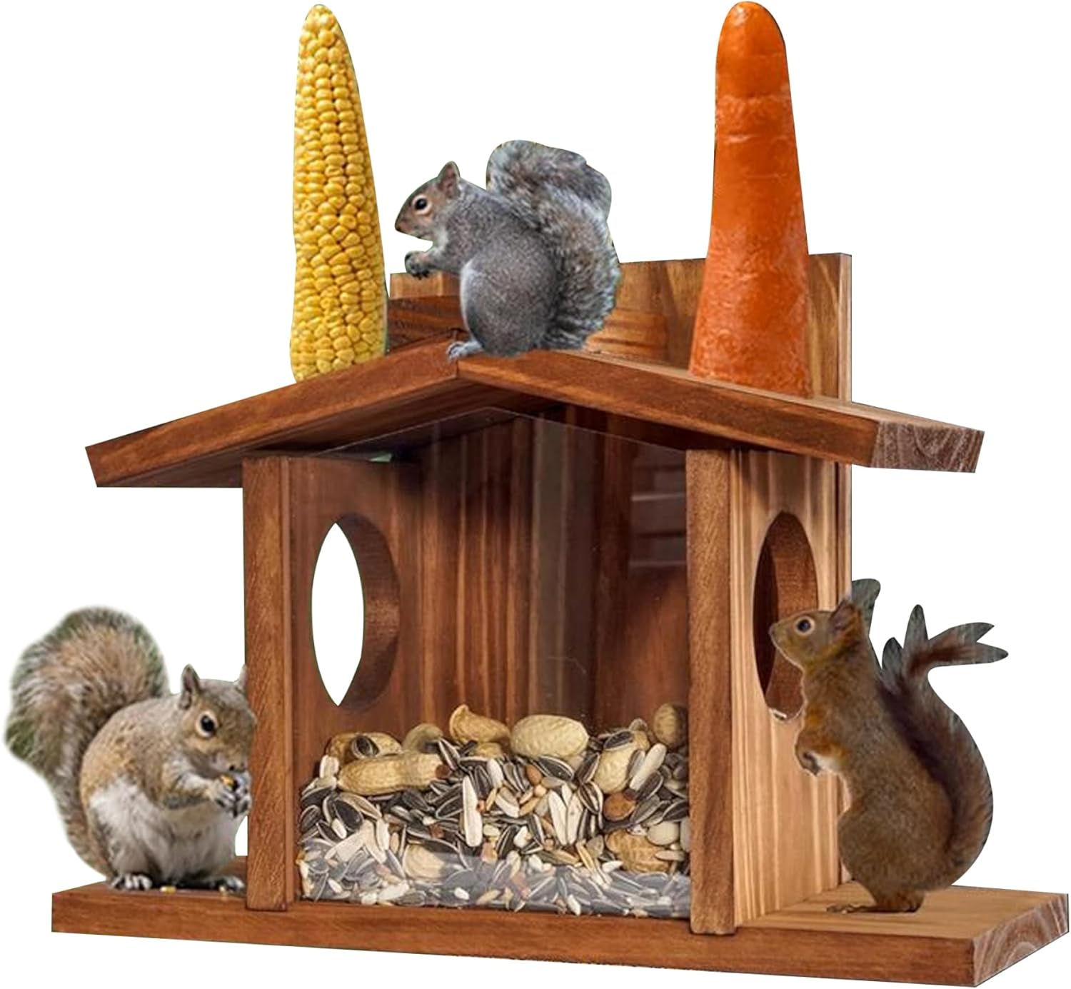 Squirrel Feeders for Outside, Squirrel House, Easy to Fill Wooden Bird Feeder, Visible Bird Feeder with Removable Panel for Corn, Suet, House