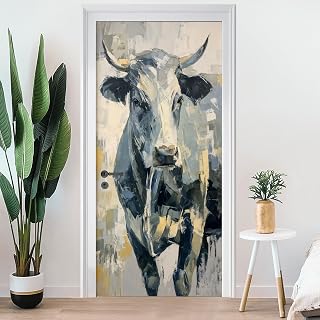 Bull Animal Door Stickers, Rustic Oil Painting Door Mural, Wildlife Farm Wallpaper, Peel and Stick Vinyl, Self-Adhesive Removable, Set of 2 Sheets, 35.4" W x 84.6" L