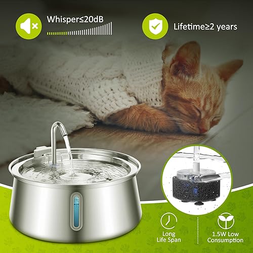 Miniatura 5 de ZEKIRY Fuente de agua para gatos de acero inoxidable, fuente de agua automática para mascotas de 134 oz4 L con ventana de nivel de agua, dispensador