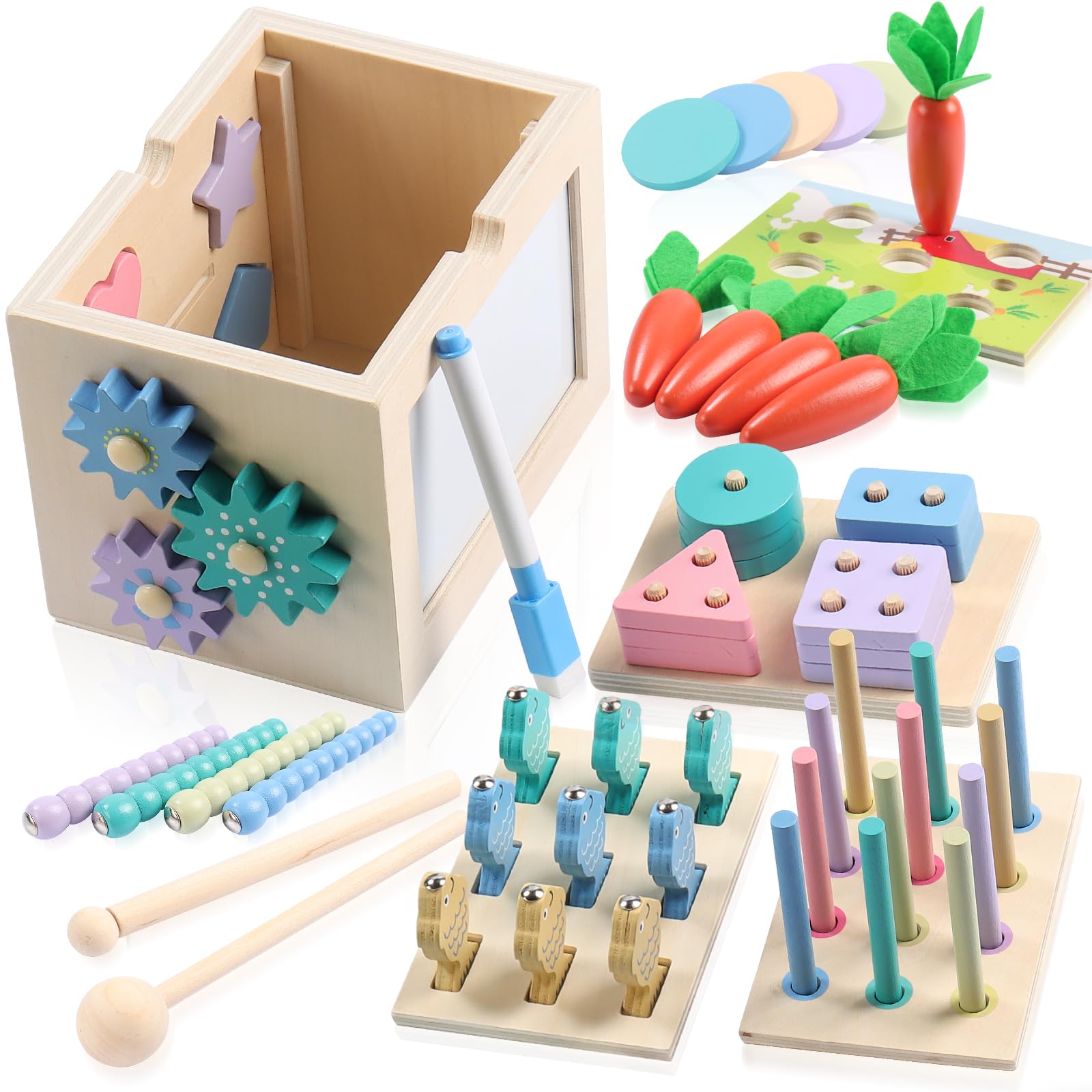 BYHANG Juguetes Montessori 10 en 1 para Niños, Material Didáctico Preescolar con Pesca, Engranajes, Formas, Dibujo, Didácticos para Bebés 1 2 3 4 5 Años,Juguetes Montessori para Aprendizaje Temprano