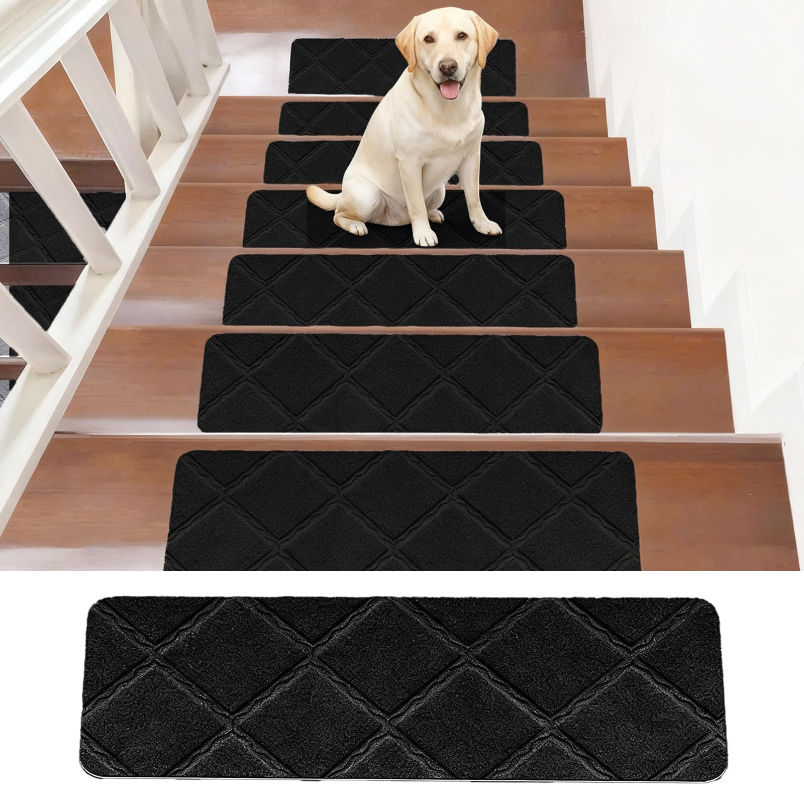 Chingcoo Treppenstufen Matten, Stufenmatten Selbstklebend Innen 15 Stück, 55cm x 19cm Schwarz Treppenstufen Antirutsch Zuschneidbar Wiederverwendbar für Schützen Sie Haustiere, Senioren Kinder