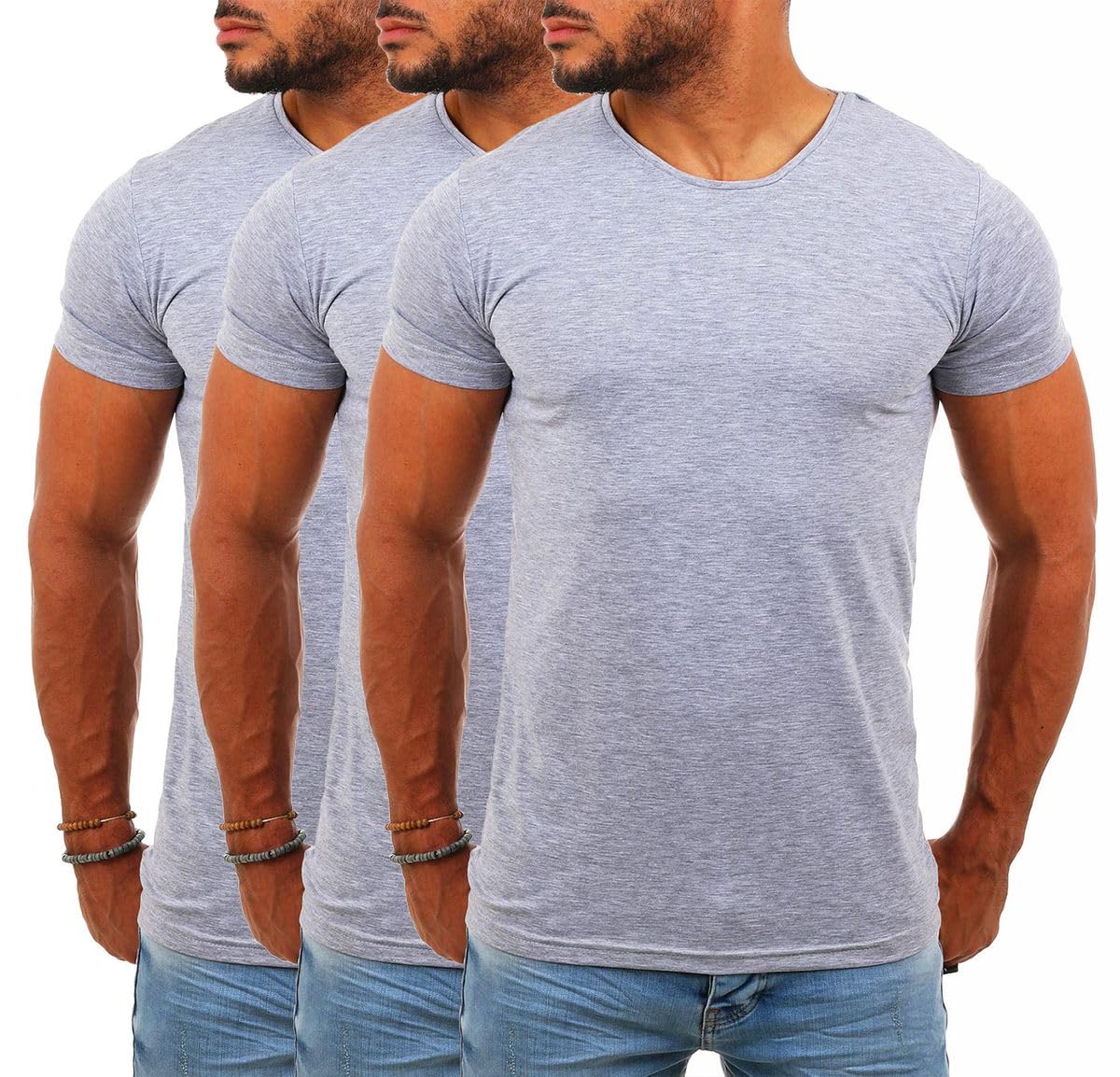 Young & Rich Herren Uni Basic T-Shirt mit Rundhals Ausschnitt einfarbig Stretch körperbetonte Dehnbare Passform 1701, Grösse:M, Farbe:Grau - 3 Stück