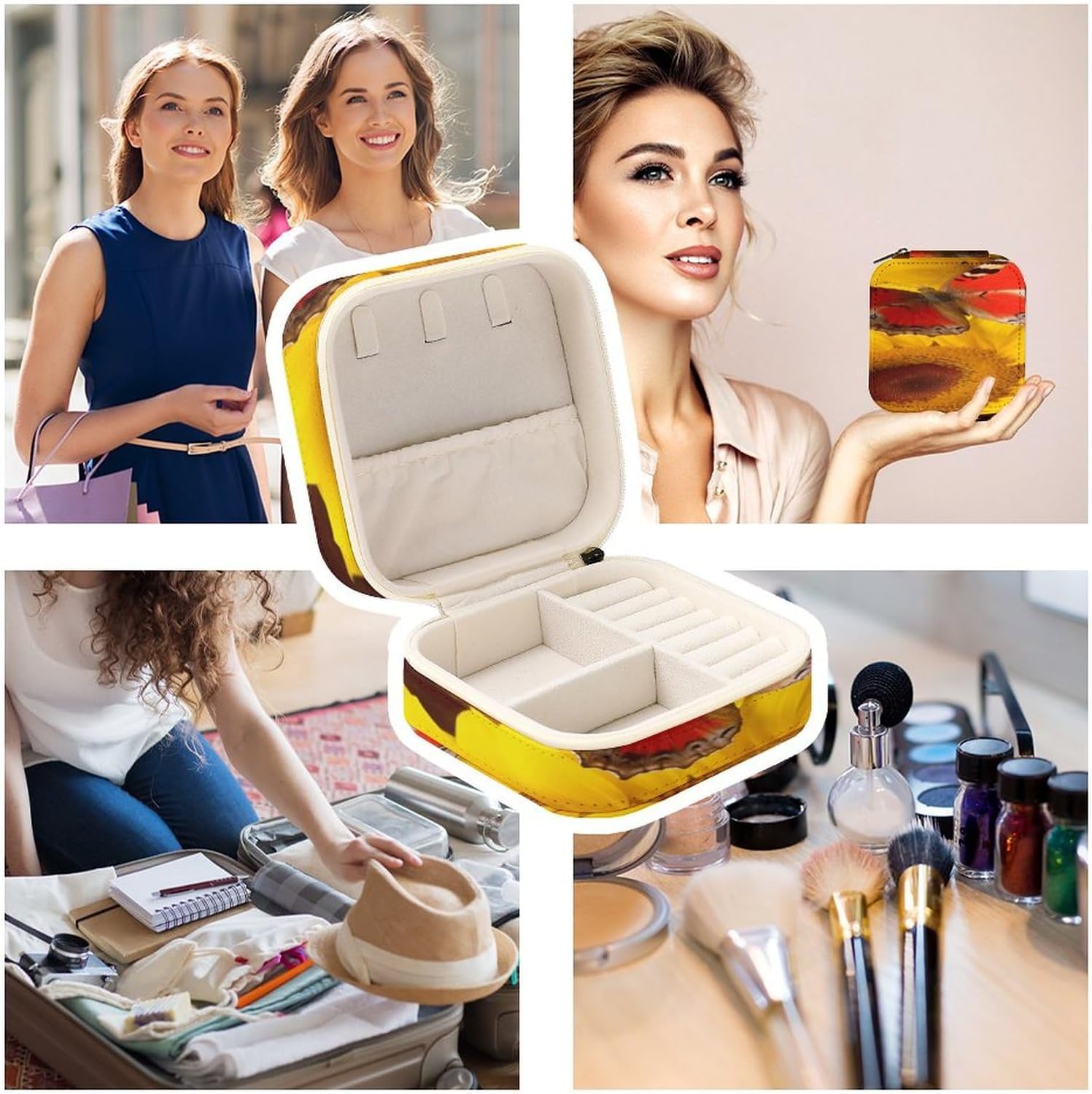 Women's Fashion Jewelry Box, Yellow Sunflowers with Red Butterfly Printing To Go Portable Jewelry Box, Personalized Travel Mini Jewelry Organizer,Exquisite Portable Jewelry Box image 4