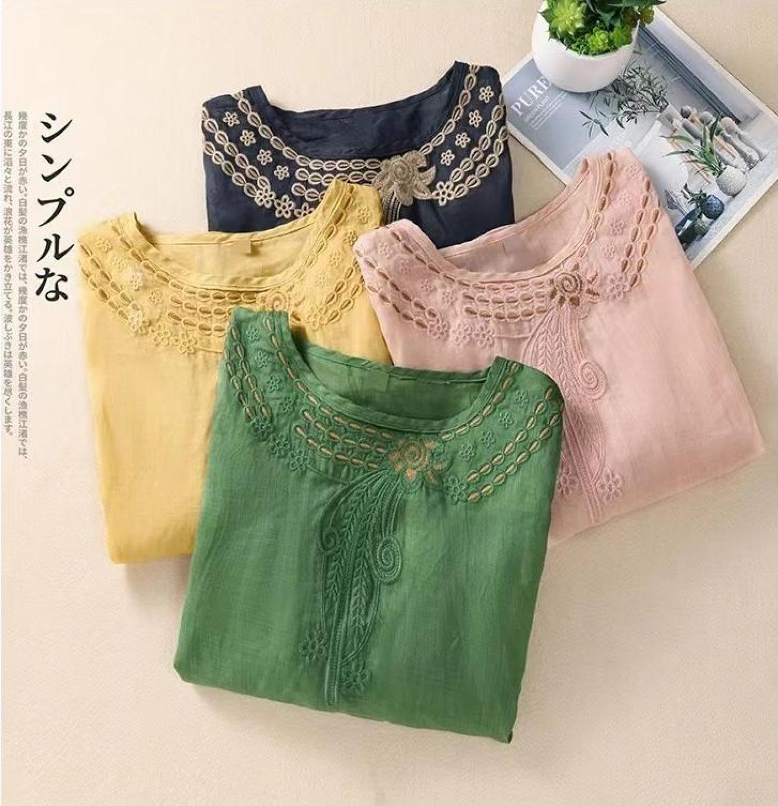 Amazon.co.jp: ブラウス レディース シャツ 綿麻ブラウス 刺繍 花柄 