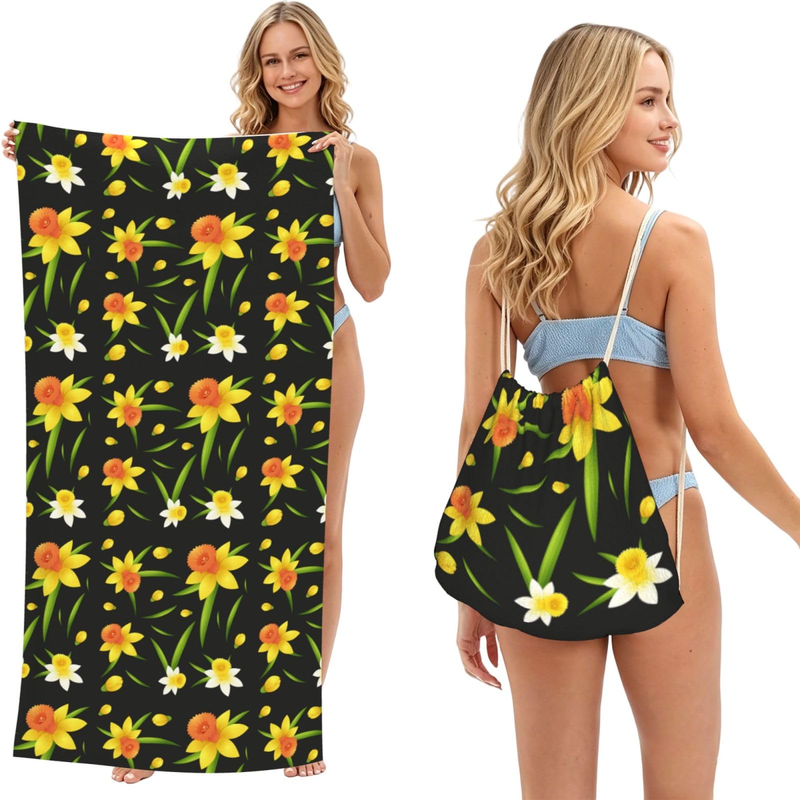 Poadnly As Picture Seamless Background Design With Daffodil Flowers, 2 In 1 Packable Towel Bag, Beach Towels With Drawstring Backpack For Travel Holiday Camping