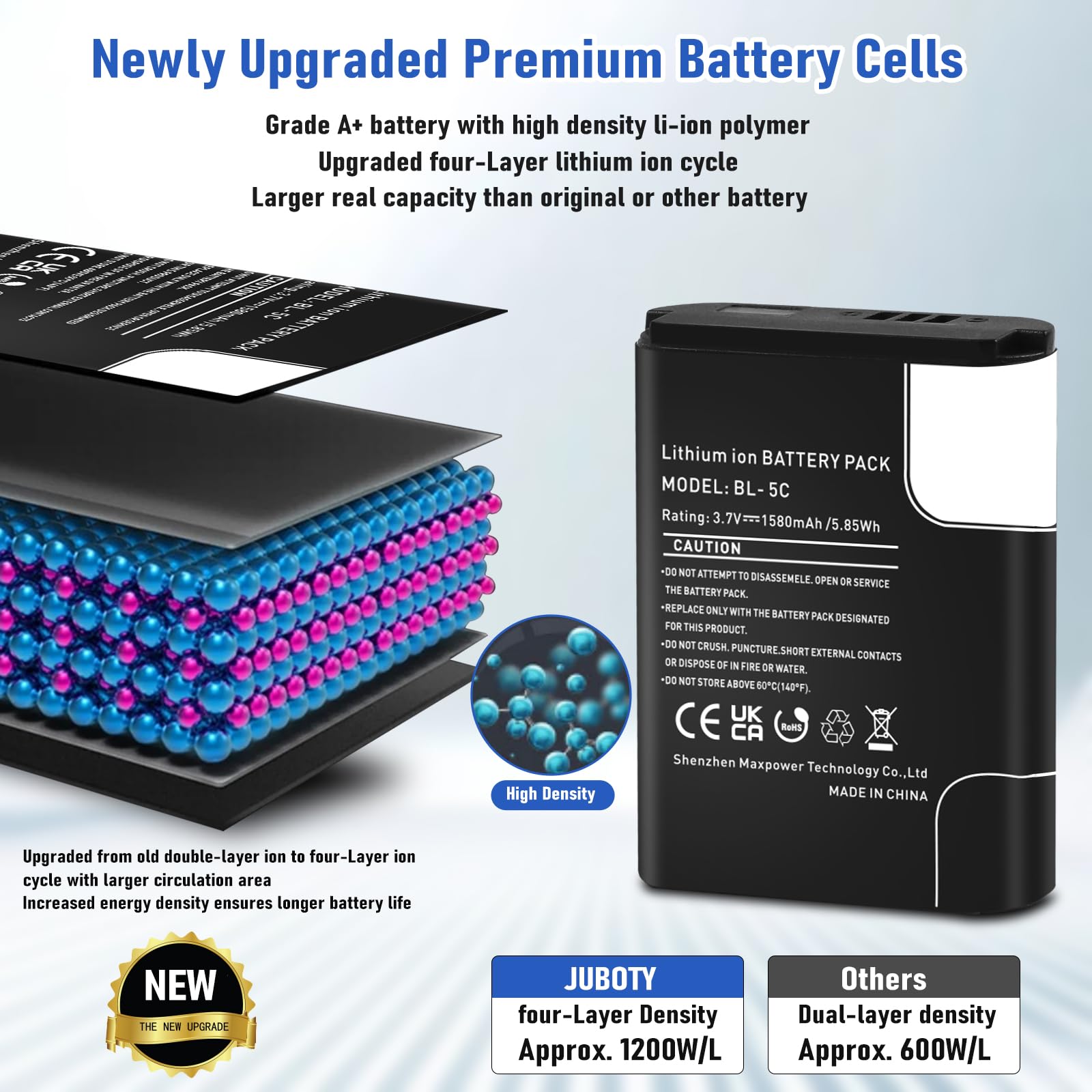 Batería BL-5C, batería de repuesto de iones de litio de alta capacidad de 1580 mAh para Nokia 1100, 1600, 2310, 3100, 3110, 3120, 5030, 6030, 6230, 6270, 6600, N70 y DIGITRADIO 1/2, TECHNIRADIO O RDR