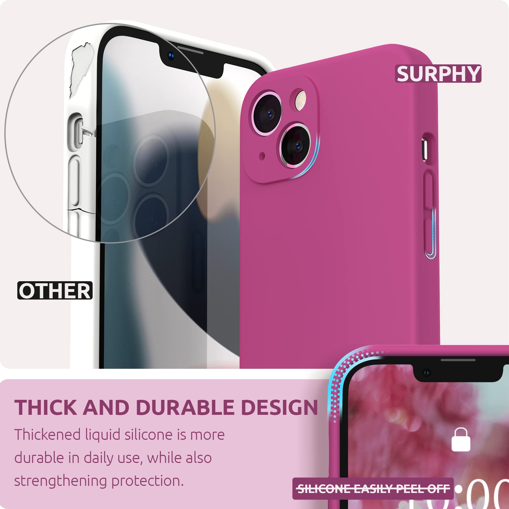 SURPHY Cover per iPhone 13 con Vetro Temperato (6,1"), Custodia per iphone 13 Silicone con Protezione Fotocamera, case protezione Completa,Antiurto, Morbida Microfibra Antigraffio (Rosa Caldo)