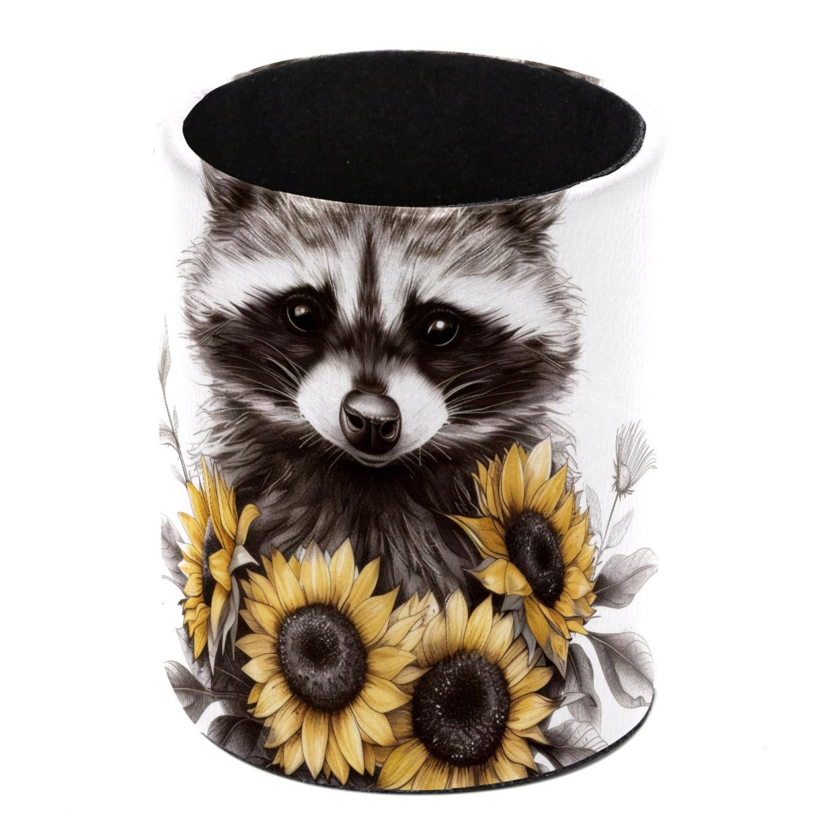 FWJZDSP Pencil Holder for Desk, Raccoon Sunflower Pen Cup Makeup Brush Holder, Leather Desktop Organizer Storage Case Stationery for School Home Office Supplies