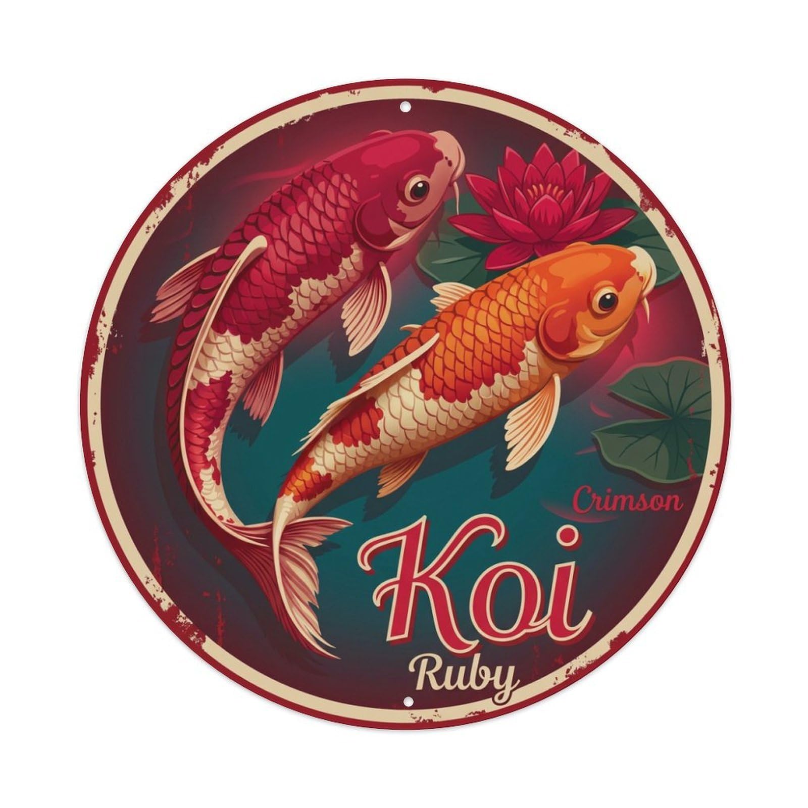 Fyrn Style Metal Tin Sign Koi Fish Crimson Ruby Red Japanese Vintage