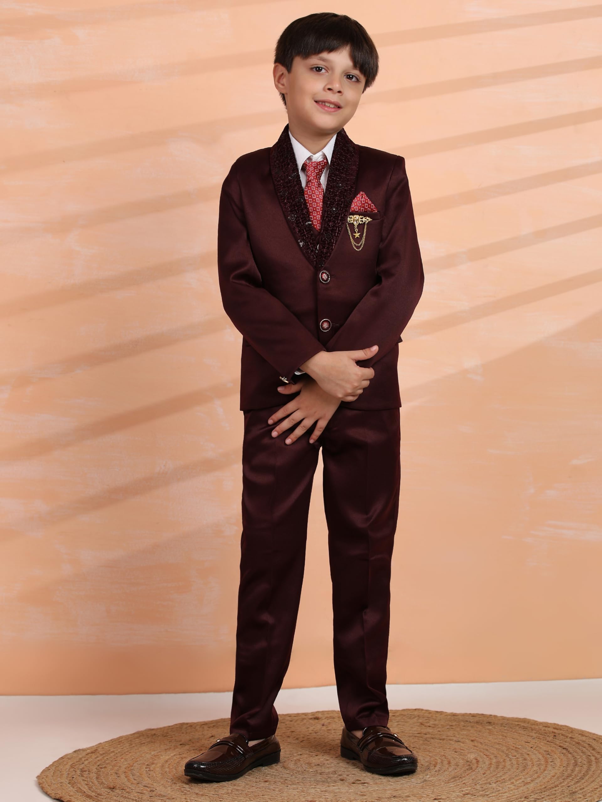 Pro-Ethic Style Developer Cotton 5 Piece Boys Suit Set for Kids Wedding Outfit | Set of Shirt, Regular Fit Pants, Coat, Waistcoat and Tie for Kids, Maroon, 13-14 Years - Image 2 thumbnail