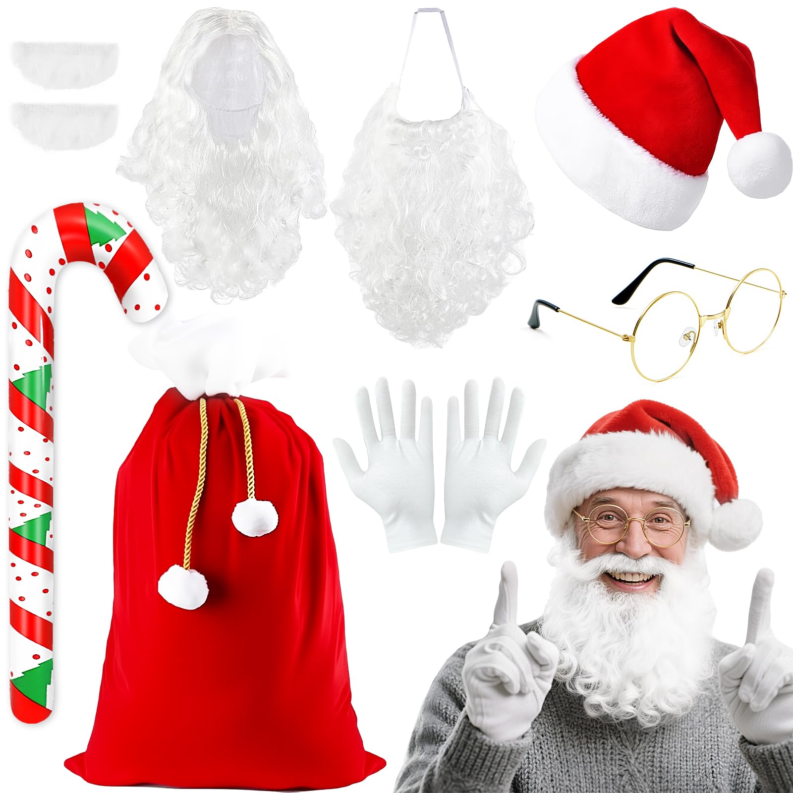 UxClishe 8pcs Santa Claus Costume Accessories, Christmas Dress Up Kit with Santa Hat Beard Wig Gloves Glasses Inflatable Candy Cane and Present Bag for Festive Family Gatherings Xmas Party