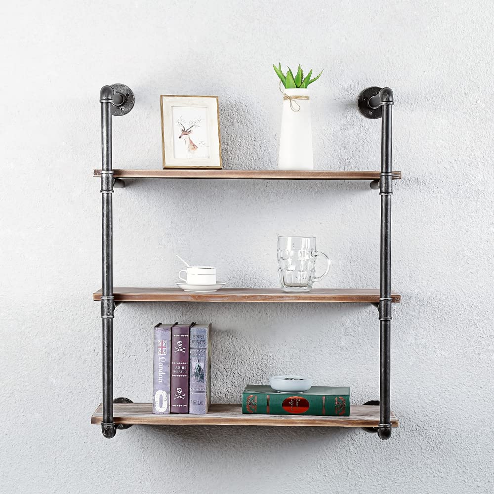 Industrial Pipe Shelving Wall Mounted,Rustic Metal Floating Shelves,Real Wood Book Shelves,Wall Shelf Bookshelf Hanging Wall Shelves Bar Shelving (3-Layer, 30in)