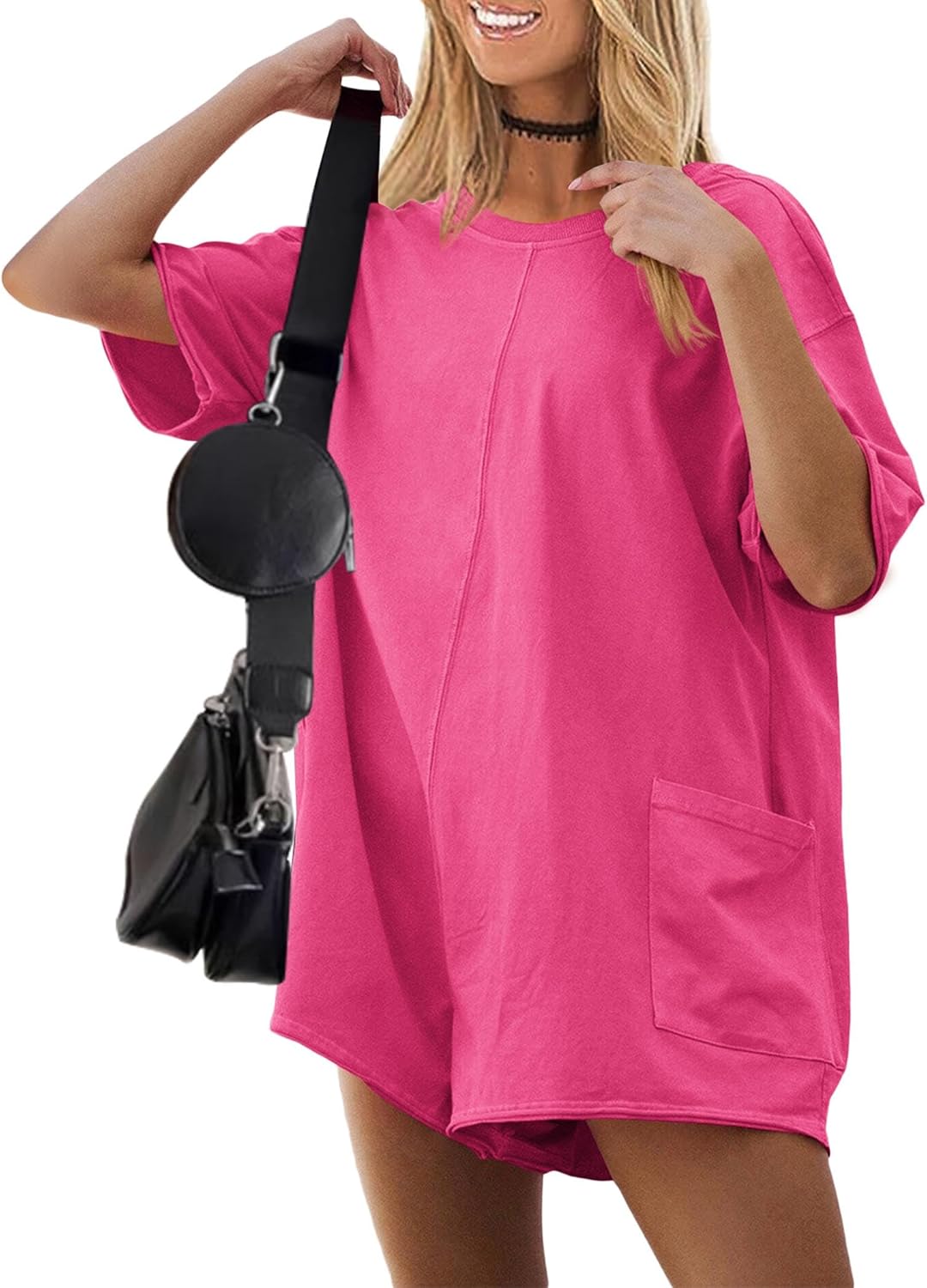 Ekouaer Summer Rompers for Women Short Sleeve Oversized T-shirt Romper Reversible Baggy Jumpsuit Outfits with Pockets