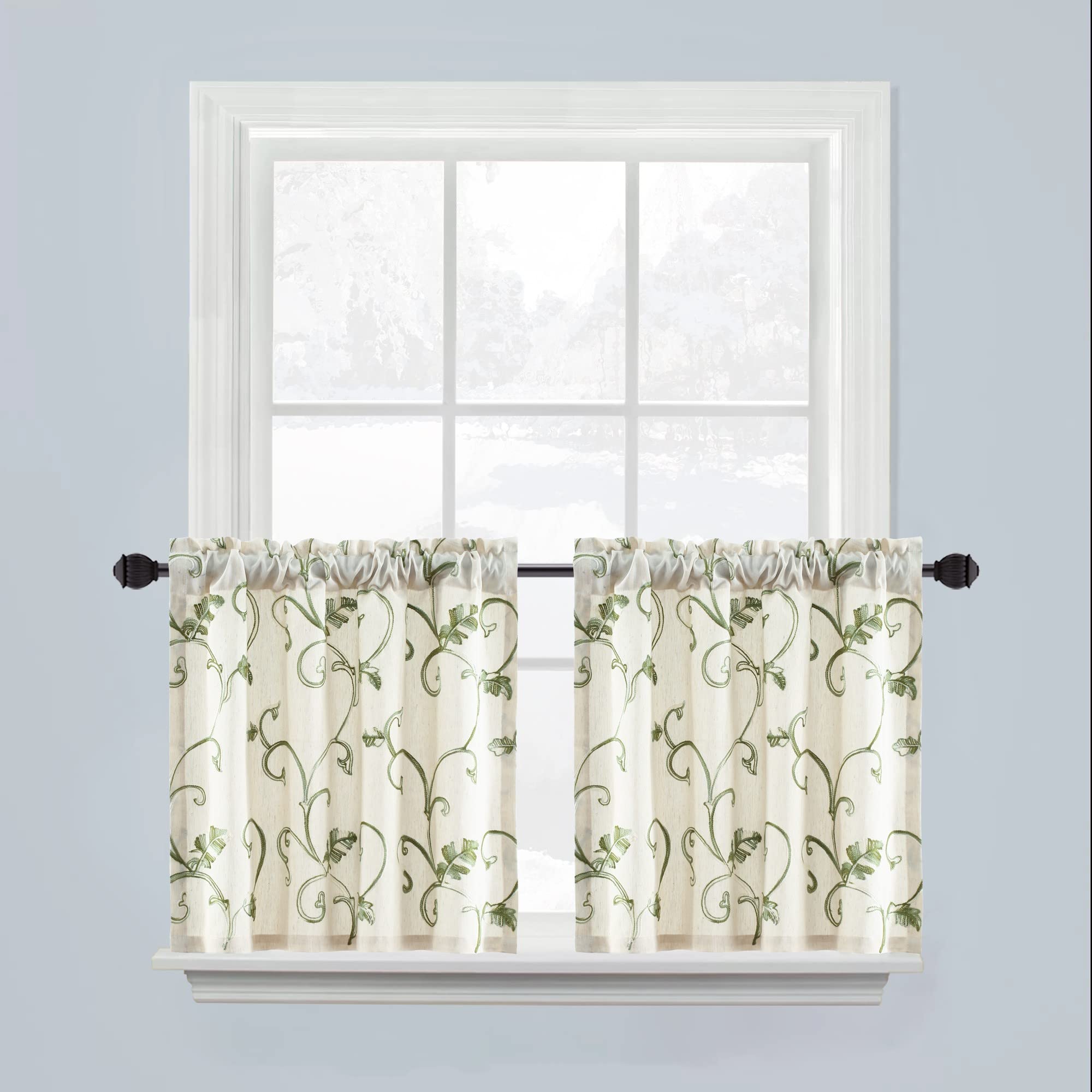 VOGOL Tier Curtains 24 Inch Length, Green Leaf Botanical Embroidered Rod Pocket Curtains, Small Half Window Treatment for Kitchen Cafe Bathroom, 30 x