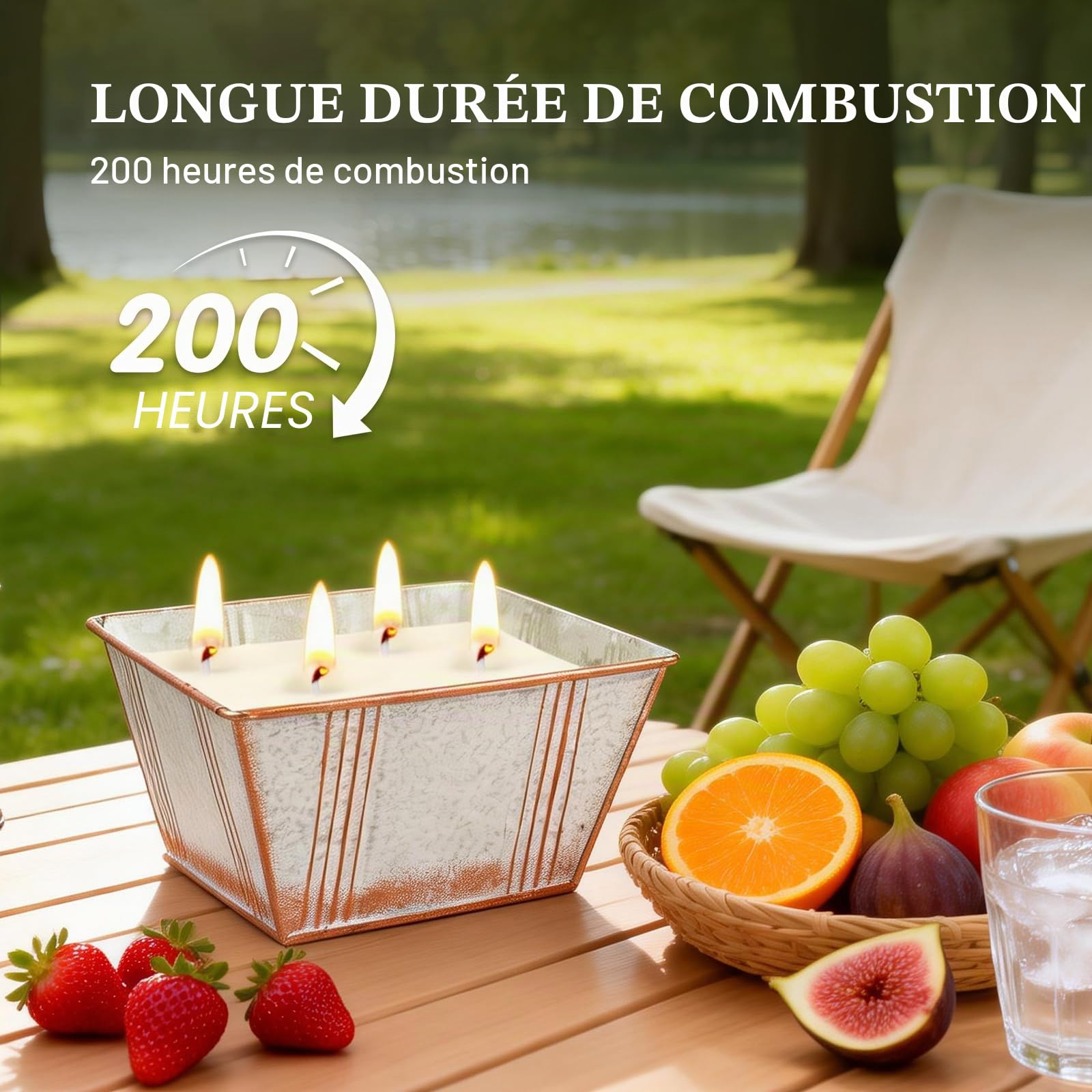 Lot de 2 grandes bougies à la citronnelle pour extérieur, 2 x 368,5 g (13 oz), bougies à la citronnelle 200 h, sans fumée, cire de soja naturelle parfumée, pour jardin, extérieur, intérieur, camping
