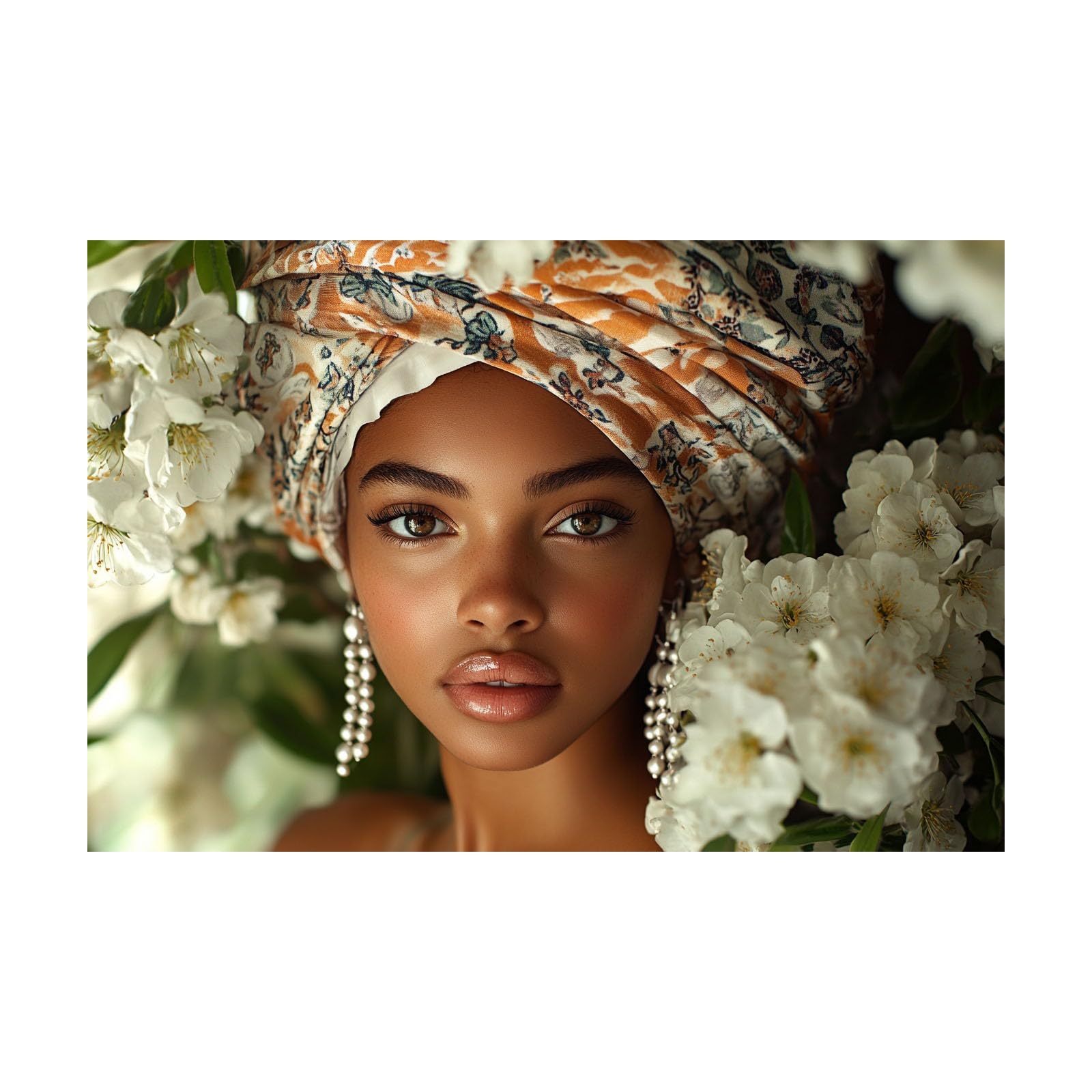 TERUEA Funny Bathroom Wall Decor Poster Woman With Floral Turban Surrounded By White Flowers Canvas Prints Wall Art Pictures Artwork for Bedroom Home Decor(Off-white)-80x120cm Unframed