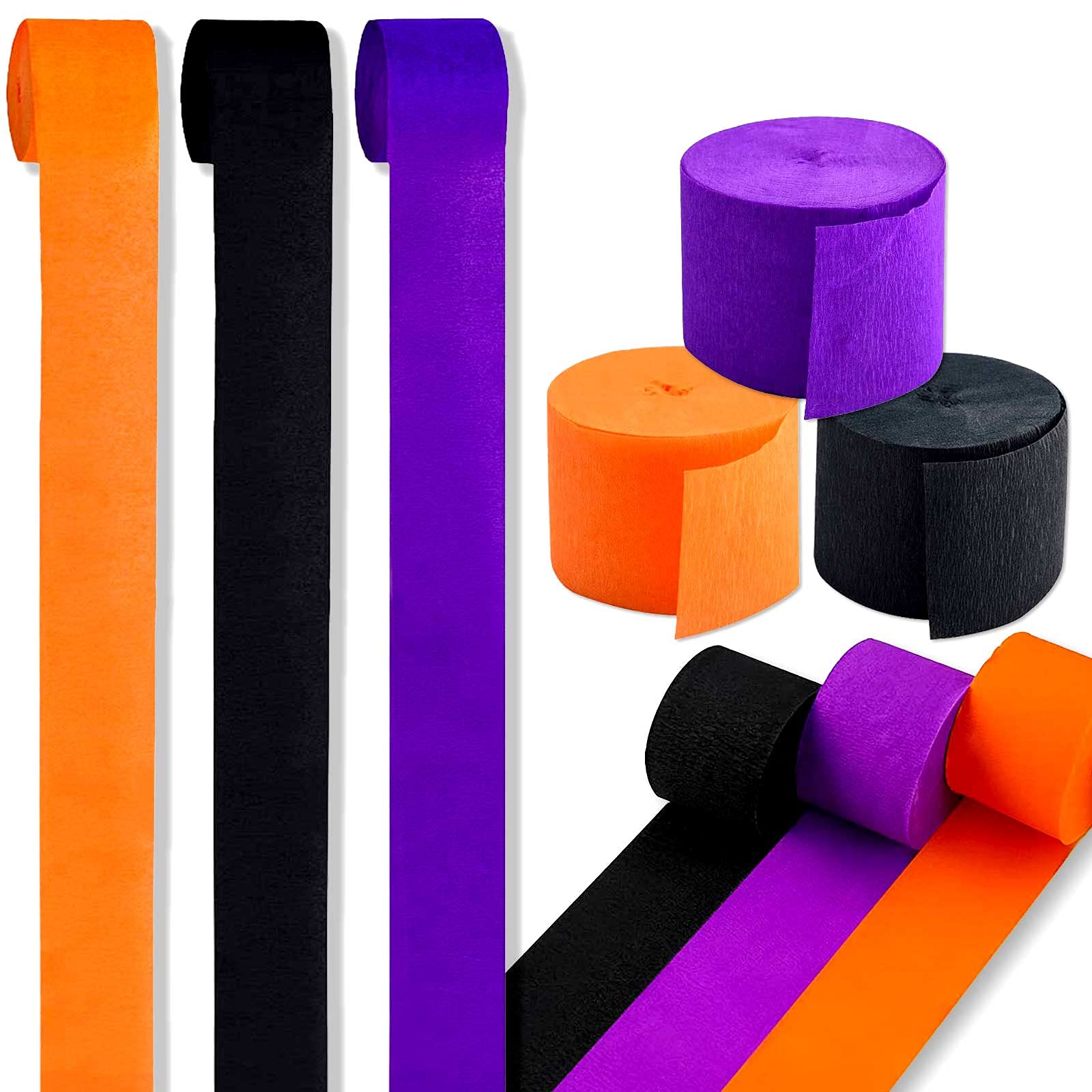 Helloween 738 Ft Crepe Paper Streamers Party Decorations, Black Orange Purple Crepe Paper Halloween Party Outdoor Room Wall Decor 9 Rolls (C-02)