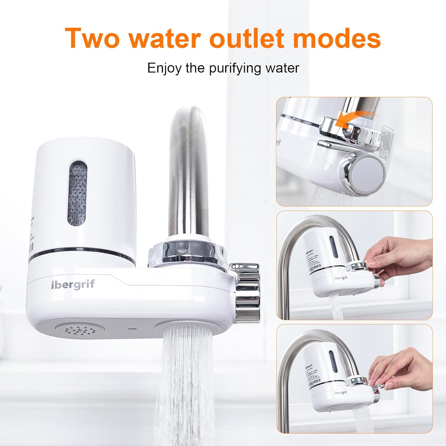 Image showing the Ibergrif water filter attached to a faucet, demonstrating the two water outlet modes: filtered stream and unfiltered spray, controlled by a side lever.