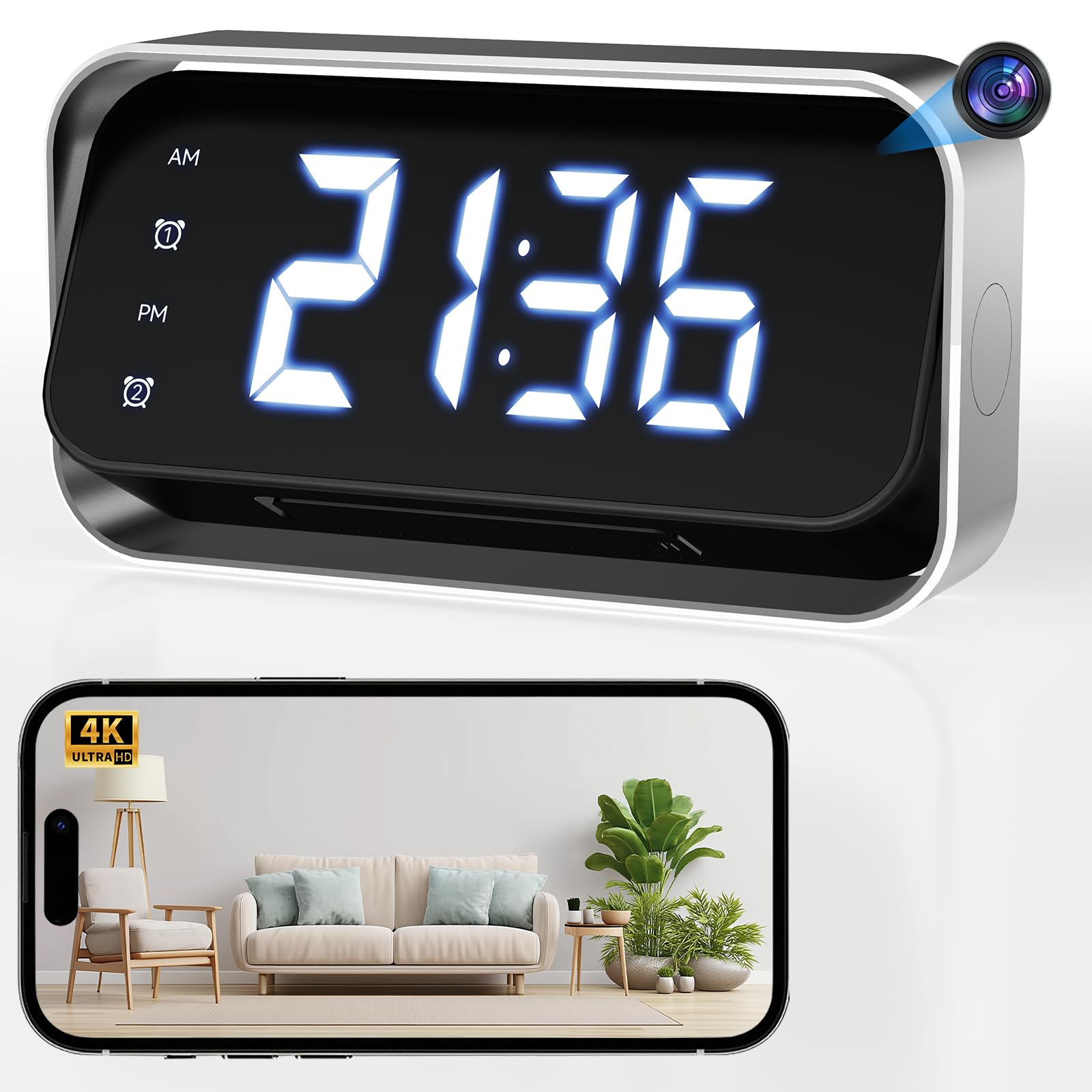 Telecamera Spia 4K, Telecamera Nascosta Spia con Sveglia， Angolo 150°, Rilevamento Movimento, Visione Notturna- Mini telecamera di sicurezza domestica con sveglia integrata