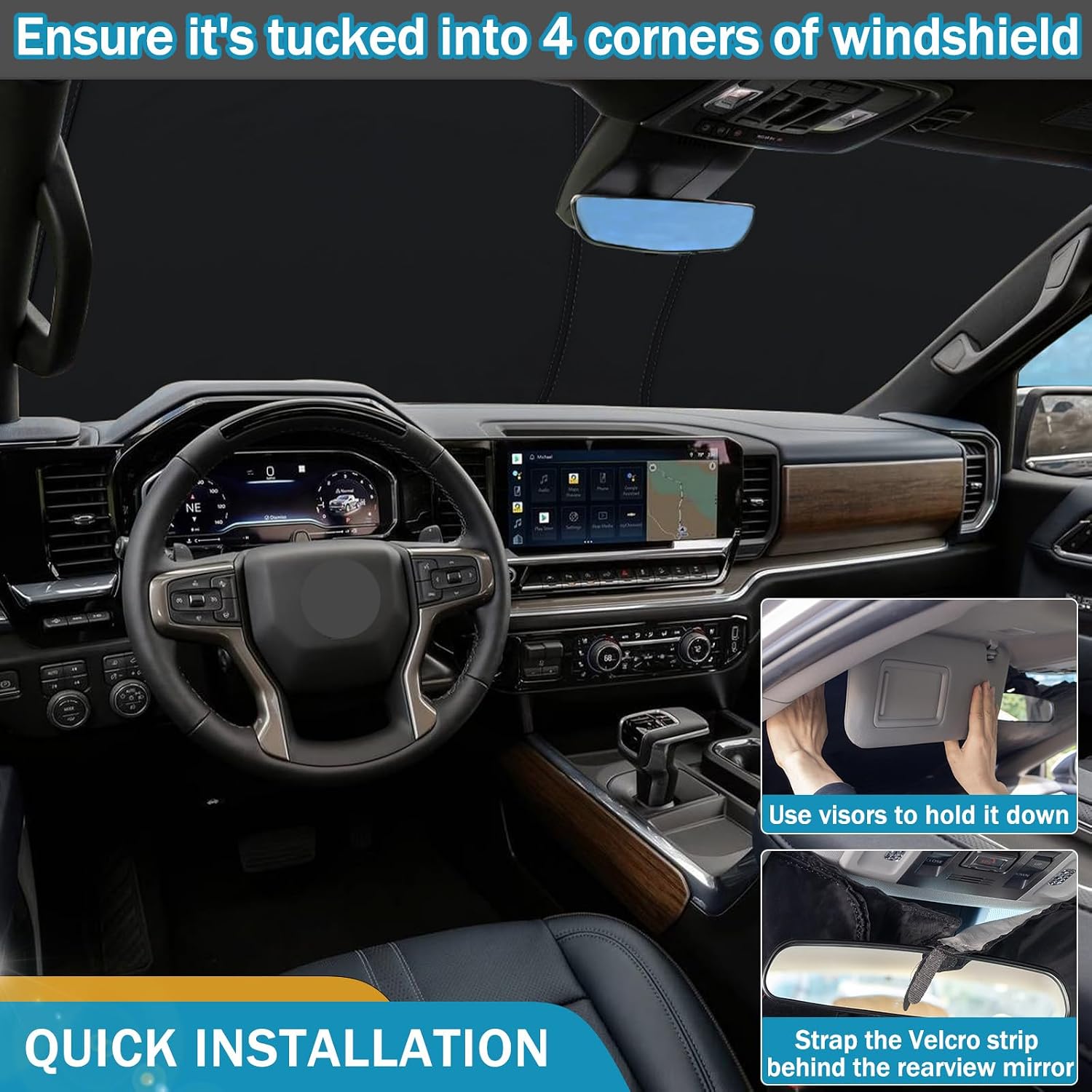 TOPINSTALL 2PCS Compatible with Refreshed 2022-2024 Silverado/Sierra 1500, 2024 Silverado/Sierra 2500/3500HD, Upgraded Silicone Pocket Covers and Windshield Sunshade Reflective Polyester Sun Protector