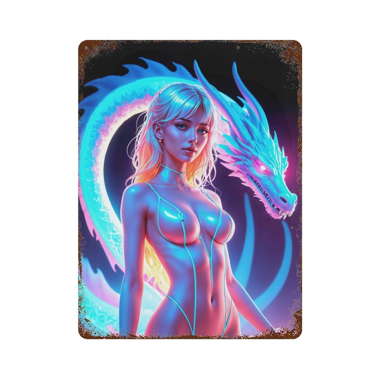 Garage Style Dragon & Woman Rustic Tin Plaque 15.7"x11.8", Vintage Wall Decor for Bar And Workshop