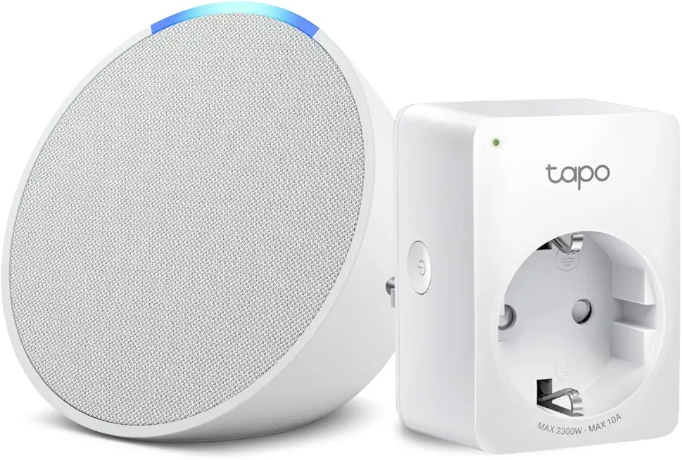 Echo Pop | Weiß + TP-Link Tapo P110MA WLAN-Steckdose mit Energieverbrauchskontrolle, Funktionert mit Alexa - Smart Home-Einsteigerpaket