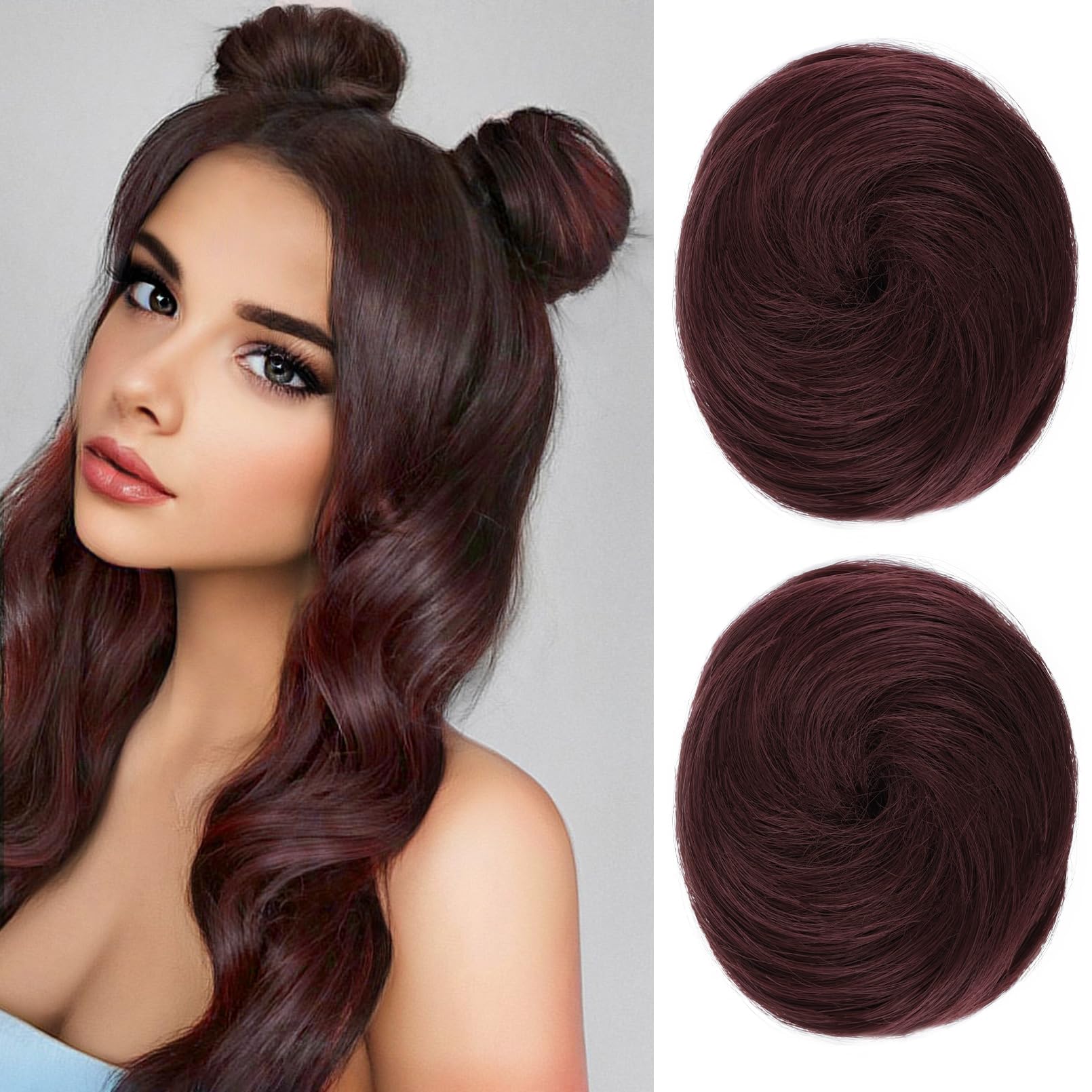 REECHO 2 PCS Mini Claw Clip in Messy & Cat Ears Hair Bun Extensions HB001 Wig Accessory Updo Hairpieces for Women (Pack of 2-3" Straight, Burgundy)