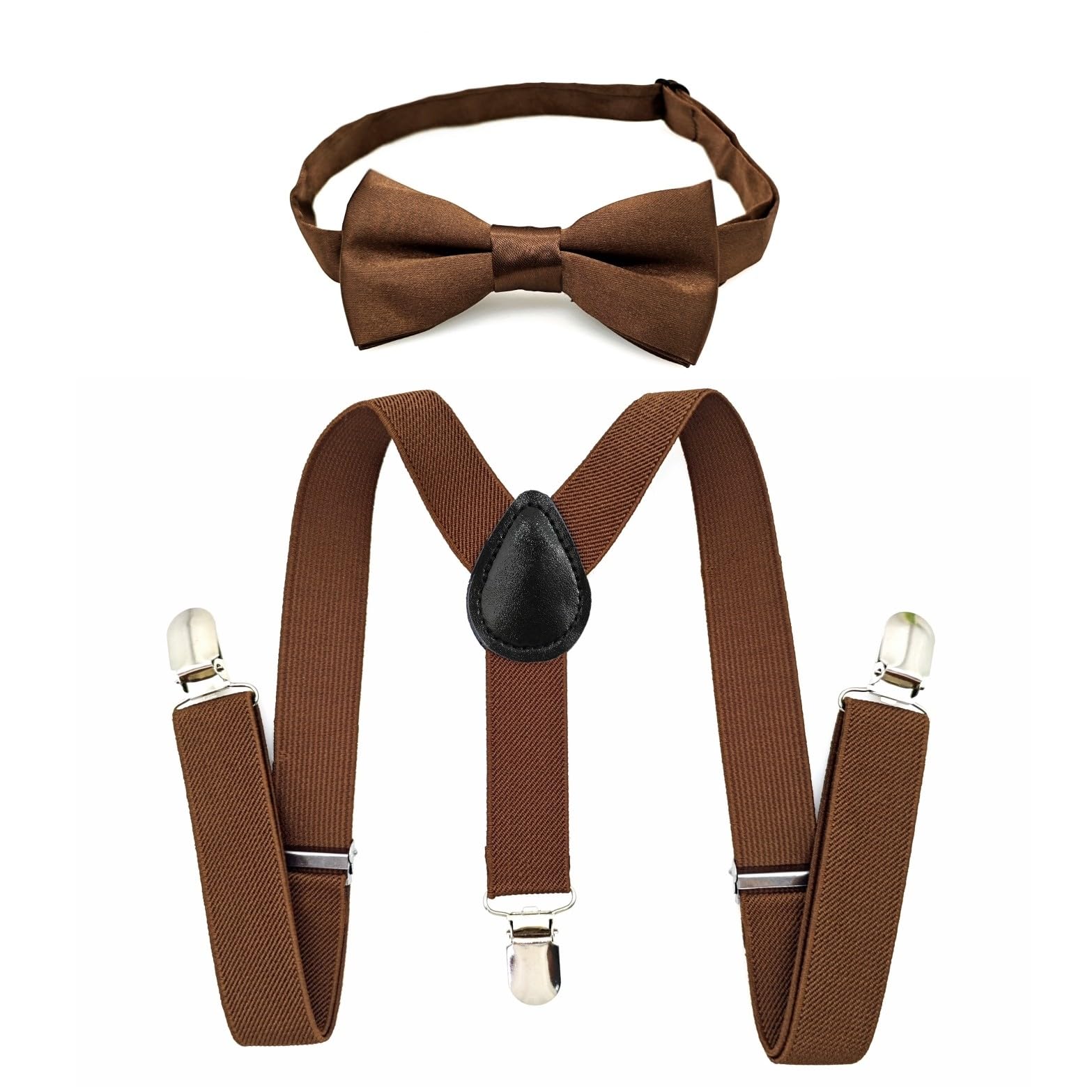 Conjunto de pajarita y tirantes para niños JZK Marrón, ajustable con clip, menos 135cm