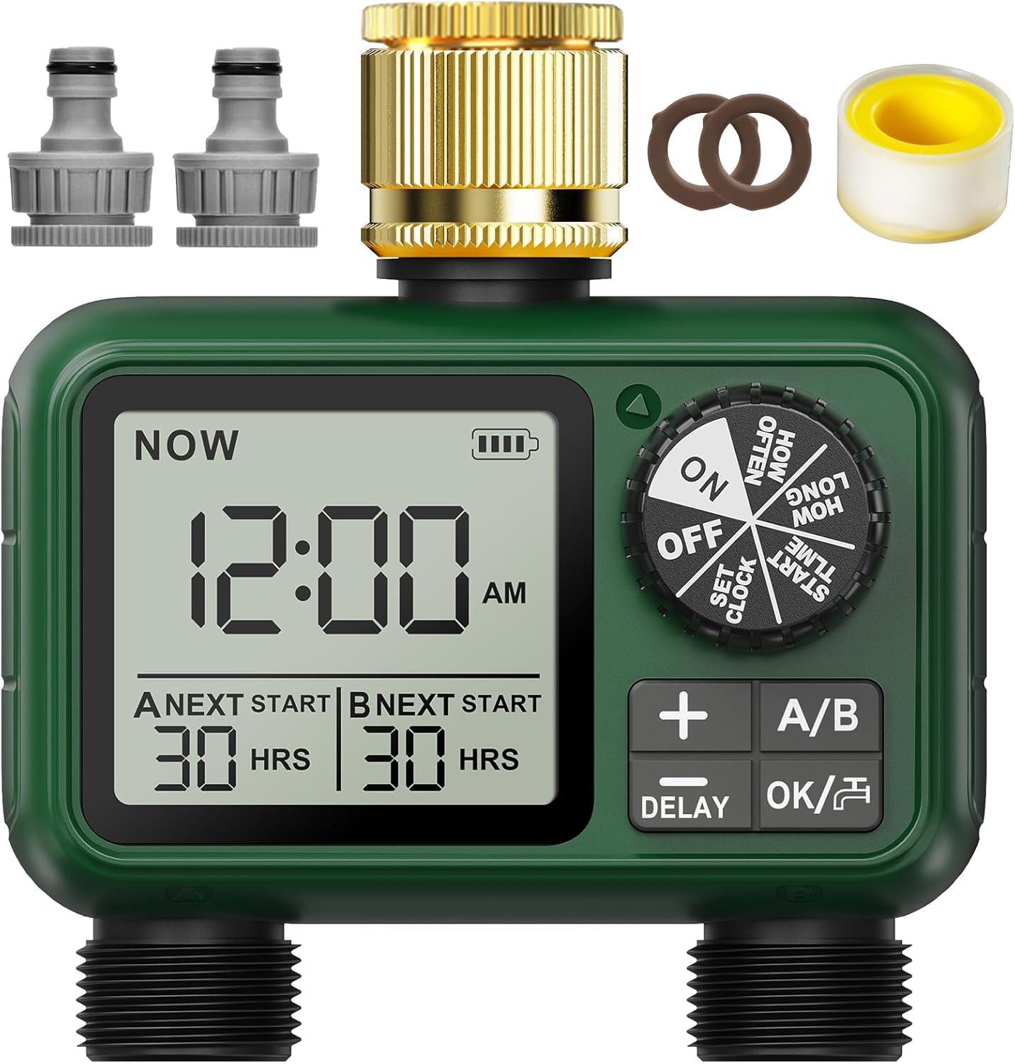 Centralina Irrigazione 2 Vie con Ingresso in Ottone, Grande Display LCD, Computer Giardino Irrigazione Timer, Timer Irrigazione Automatica con Ritardo Pioggia per Automatica e Manuale per Giardino